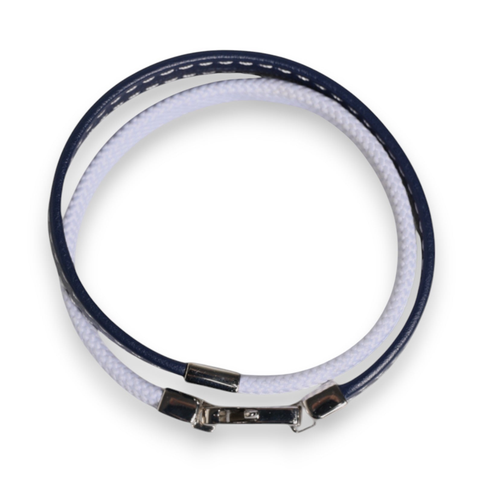 Dolce & Gabbana Blue White Leather Trimmed DG Engraved Silver Tone Clasp Bracelet | Regal Royce