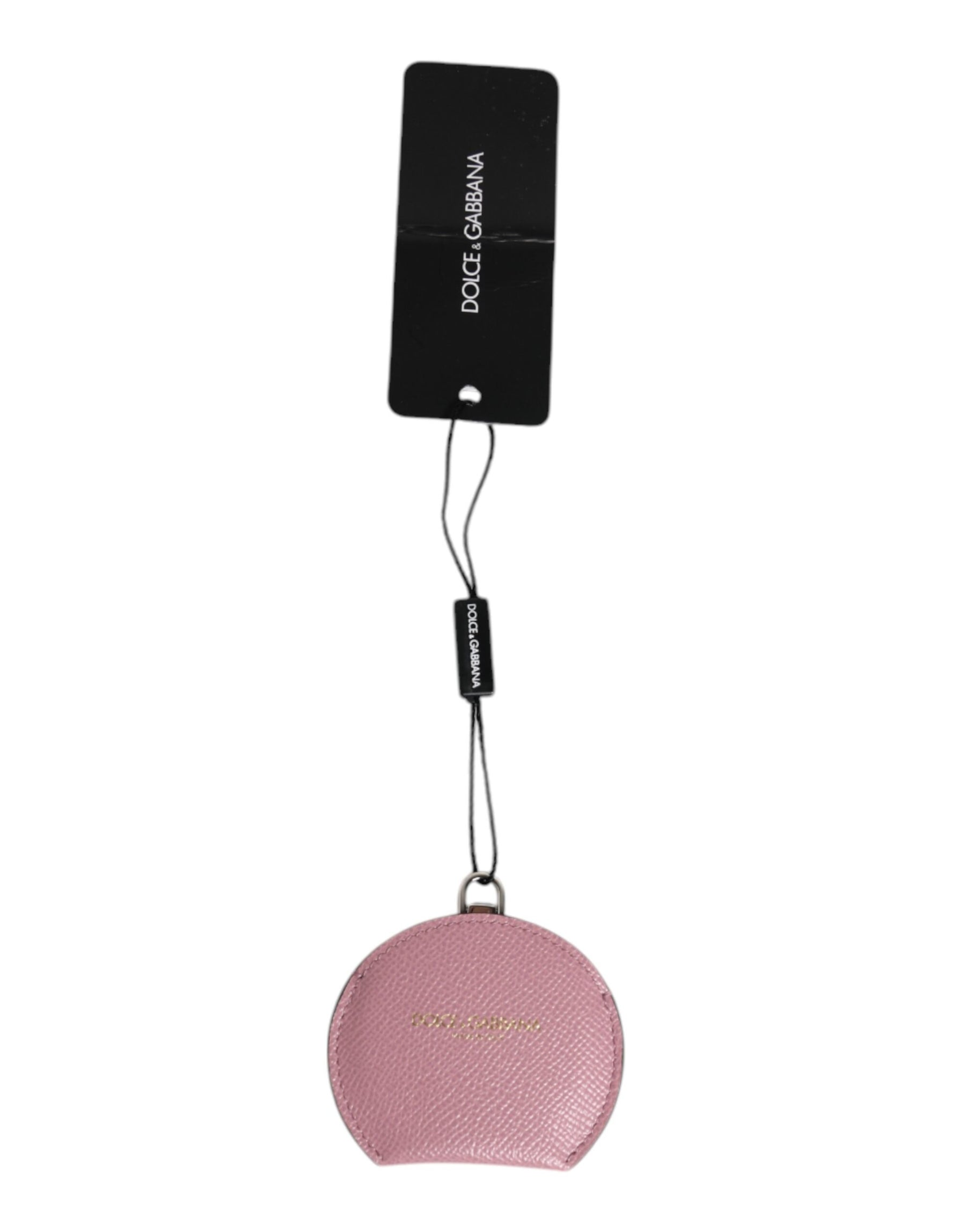 Dolce & Gabbana Pink Calfskin Leather Round Logo Hand Mirror Holder | Regal Royce