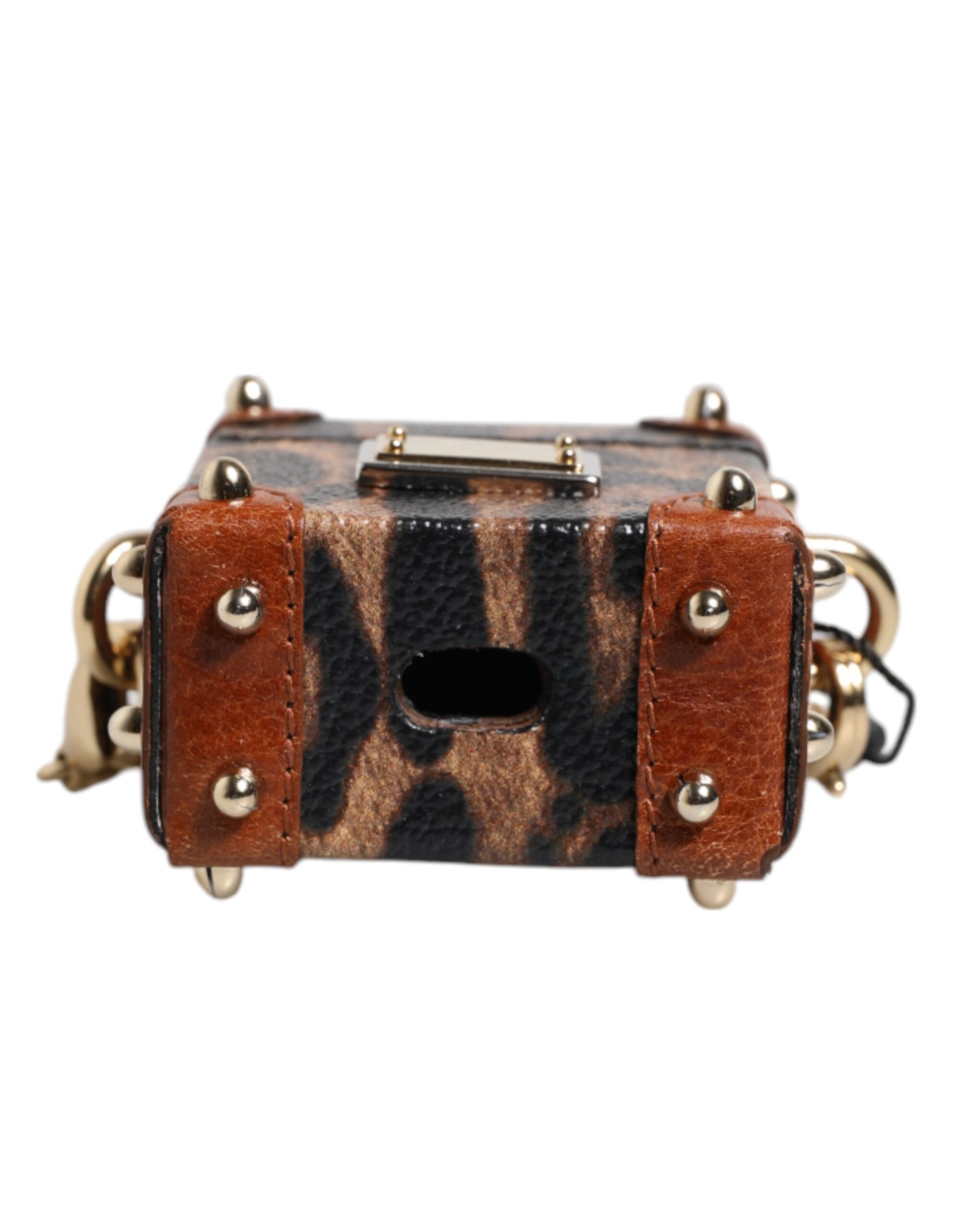 Dolce & Gabbana Brown Leopard Metal Logo Plaque Gold Chain Airpods Case