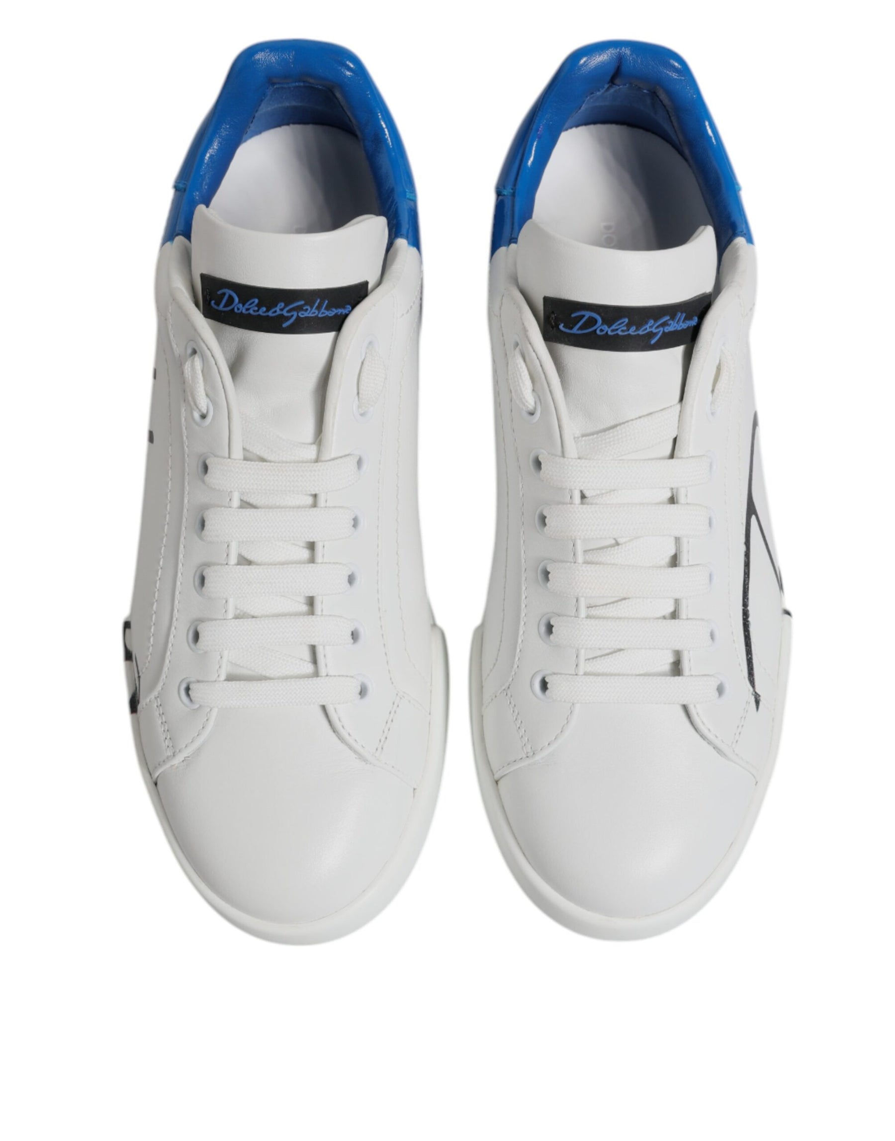 Dolce & Gabbana White Blue Leather Logo Low Top Sneakers Shoes | Regal Royce