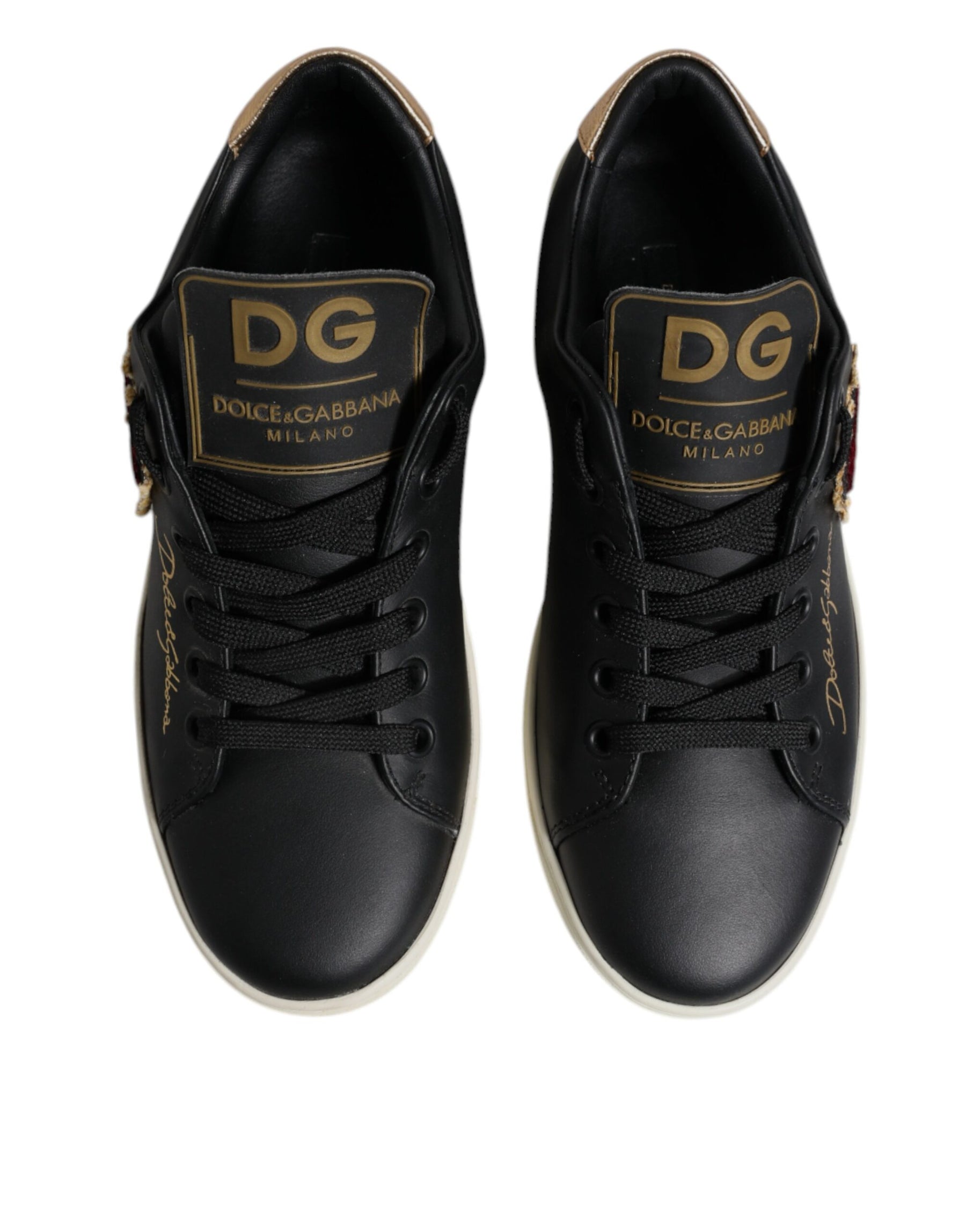 Dolce & Gabbana Black Leather Gold Red Heart Sneakers Shoes | Regal Royce