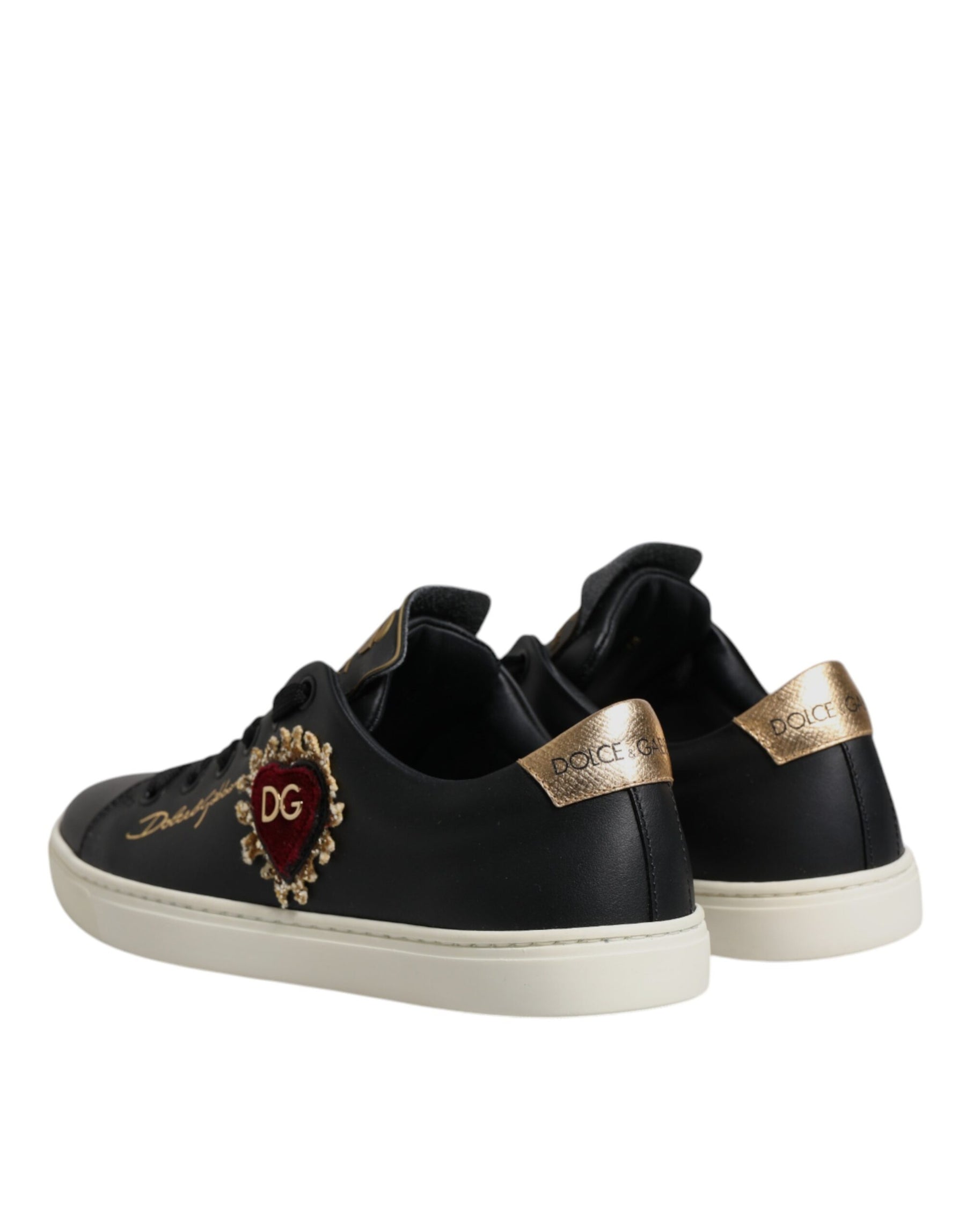 Dolce & Gabbana Black Leather Gold Red Heart Sneakers Shoes | Regal Royce