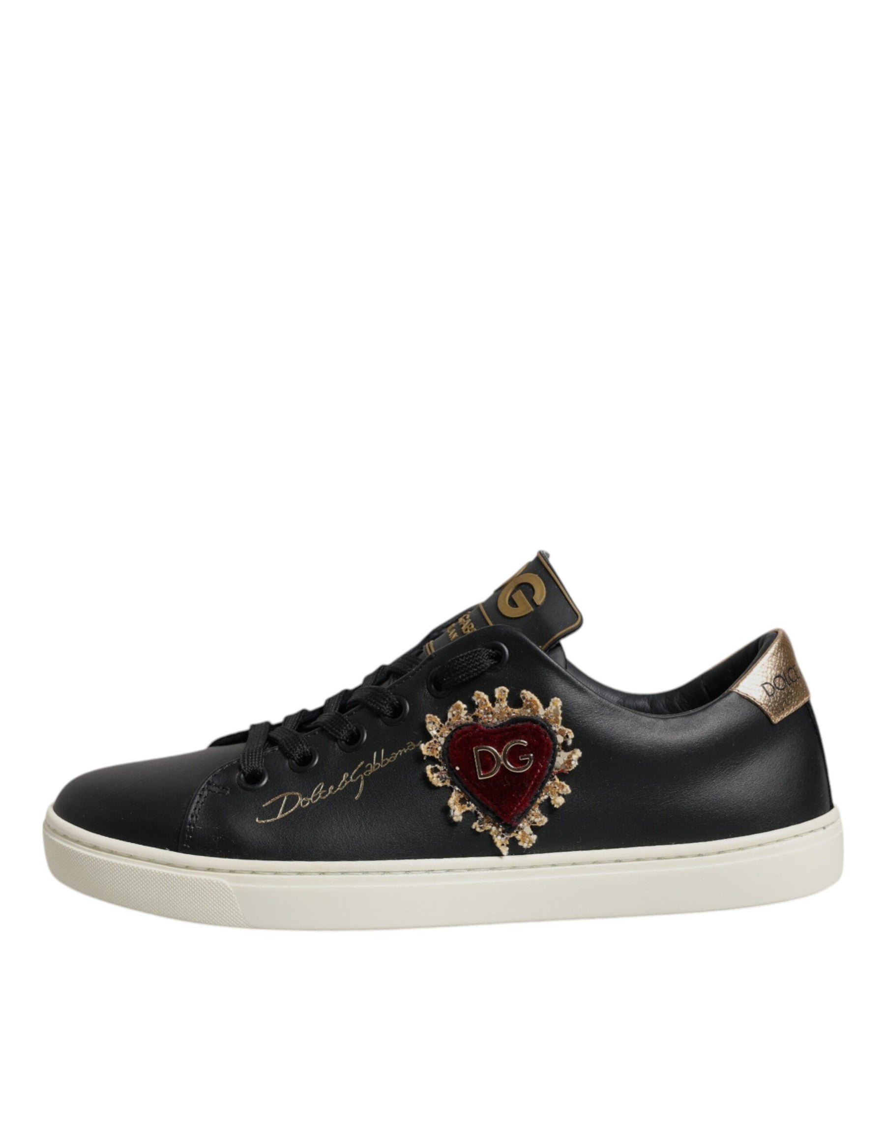 Dolce & Gabbana Black Leather Gold Red Heart Sneakers Shoes | Regal Royce