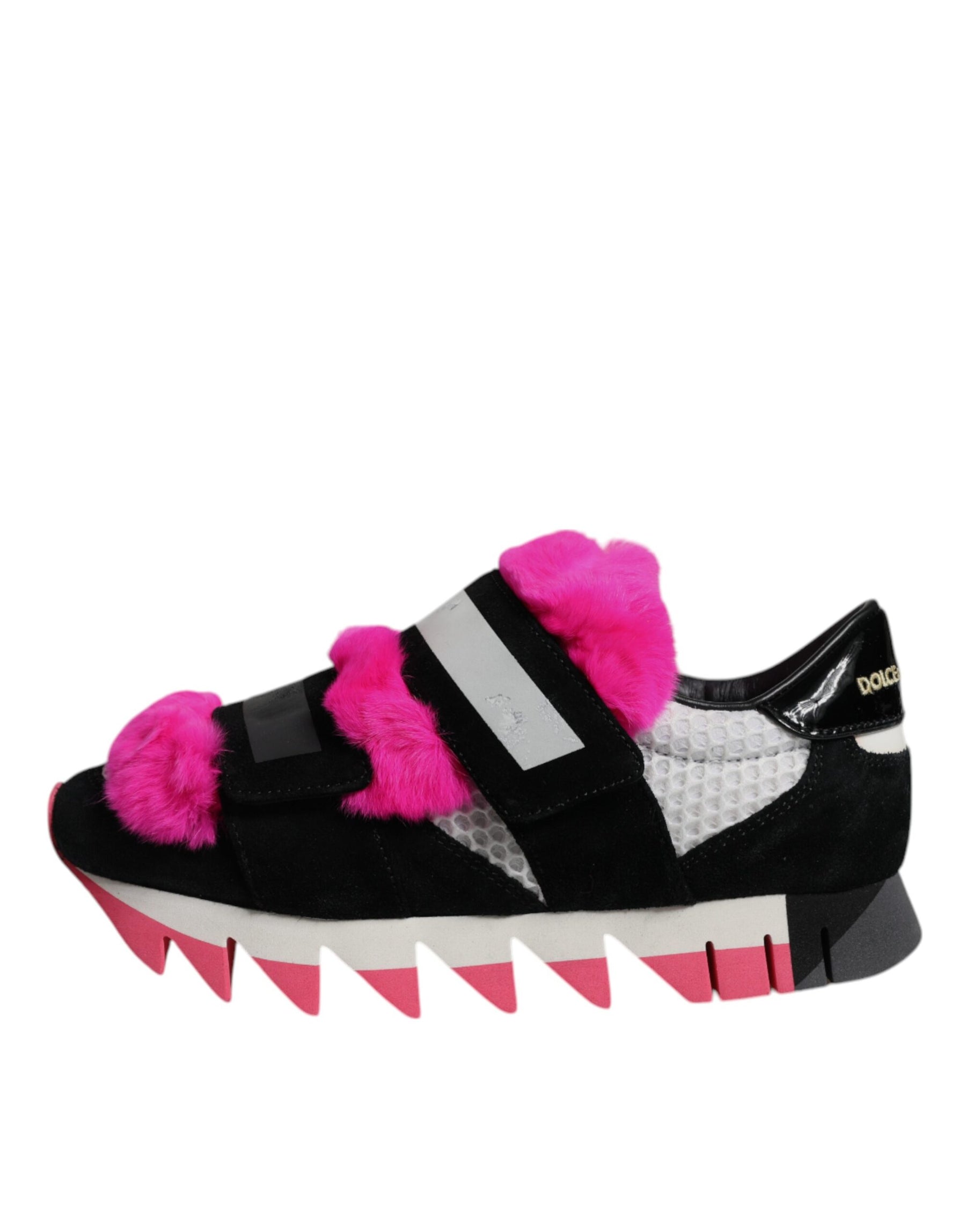 Dolce & Gabbana Black Pink Fur Embellished Sneakers Shoes | Regal Royce
