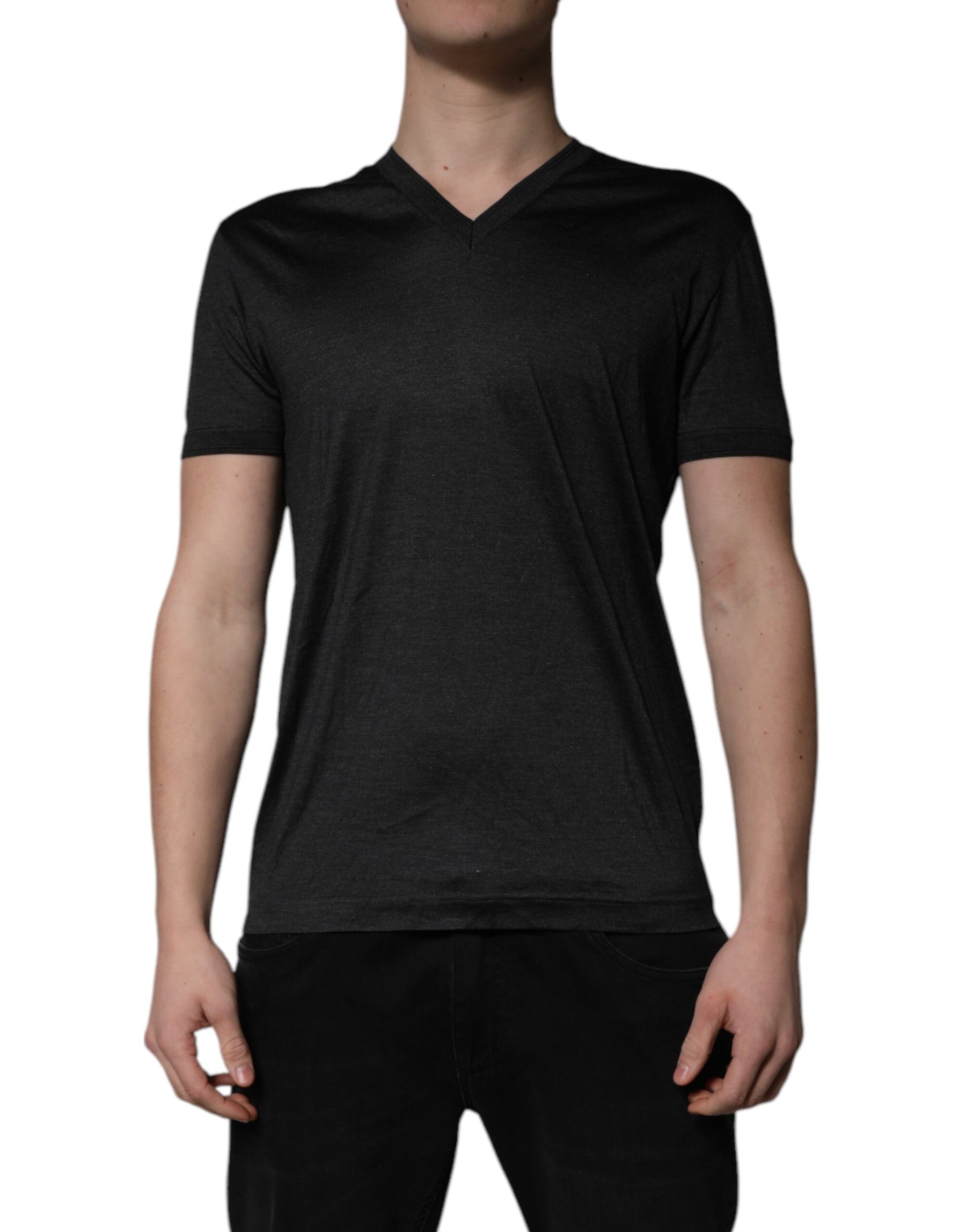 Dolce & Gabbana Dark Gray Silk V-neck Short Sleeves T-shirt | Regal Royce