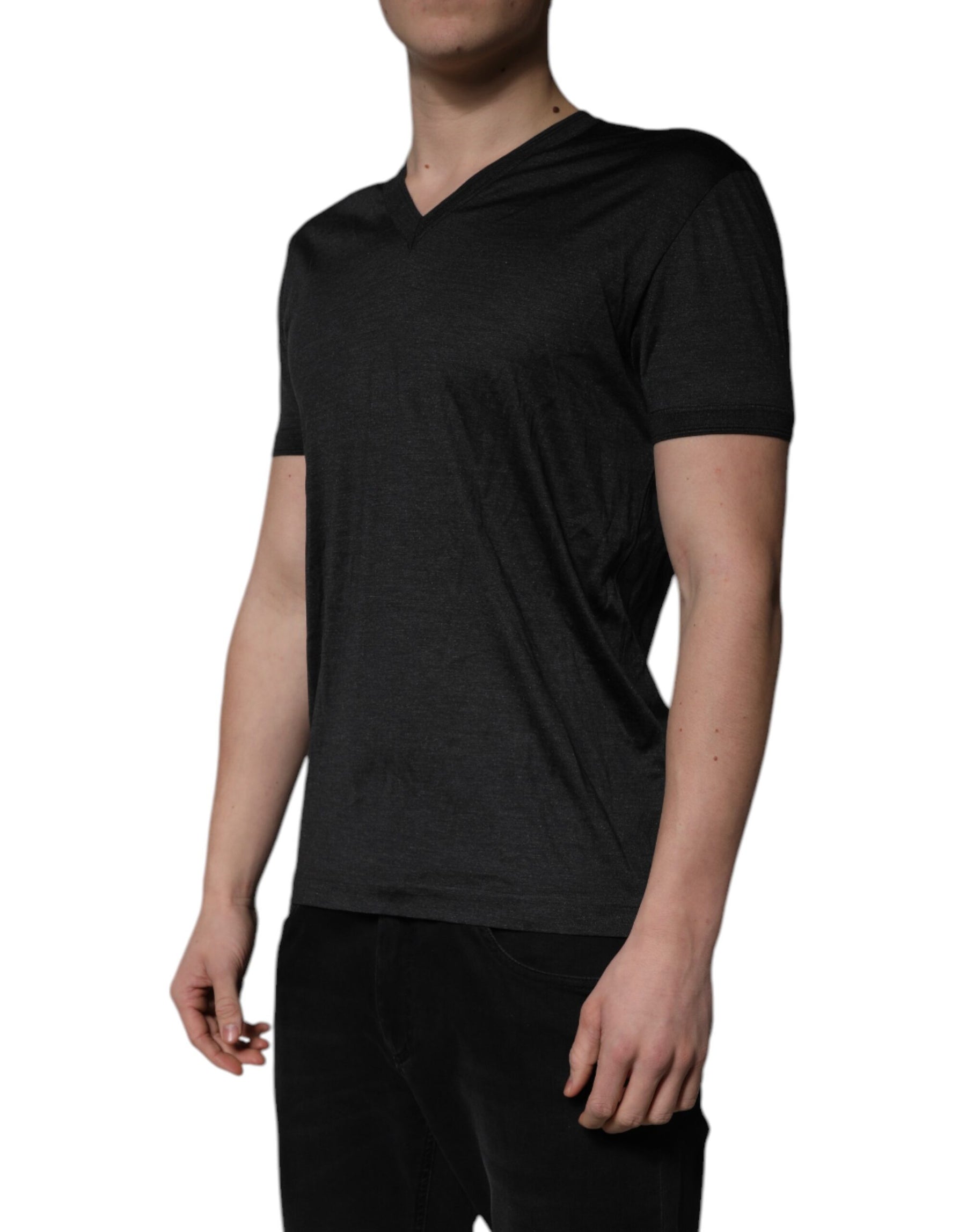 Dolce & Gabbana Dark Gray Silk V-neck Short Sleeves T-shirt | Regal Royce