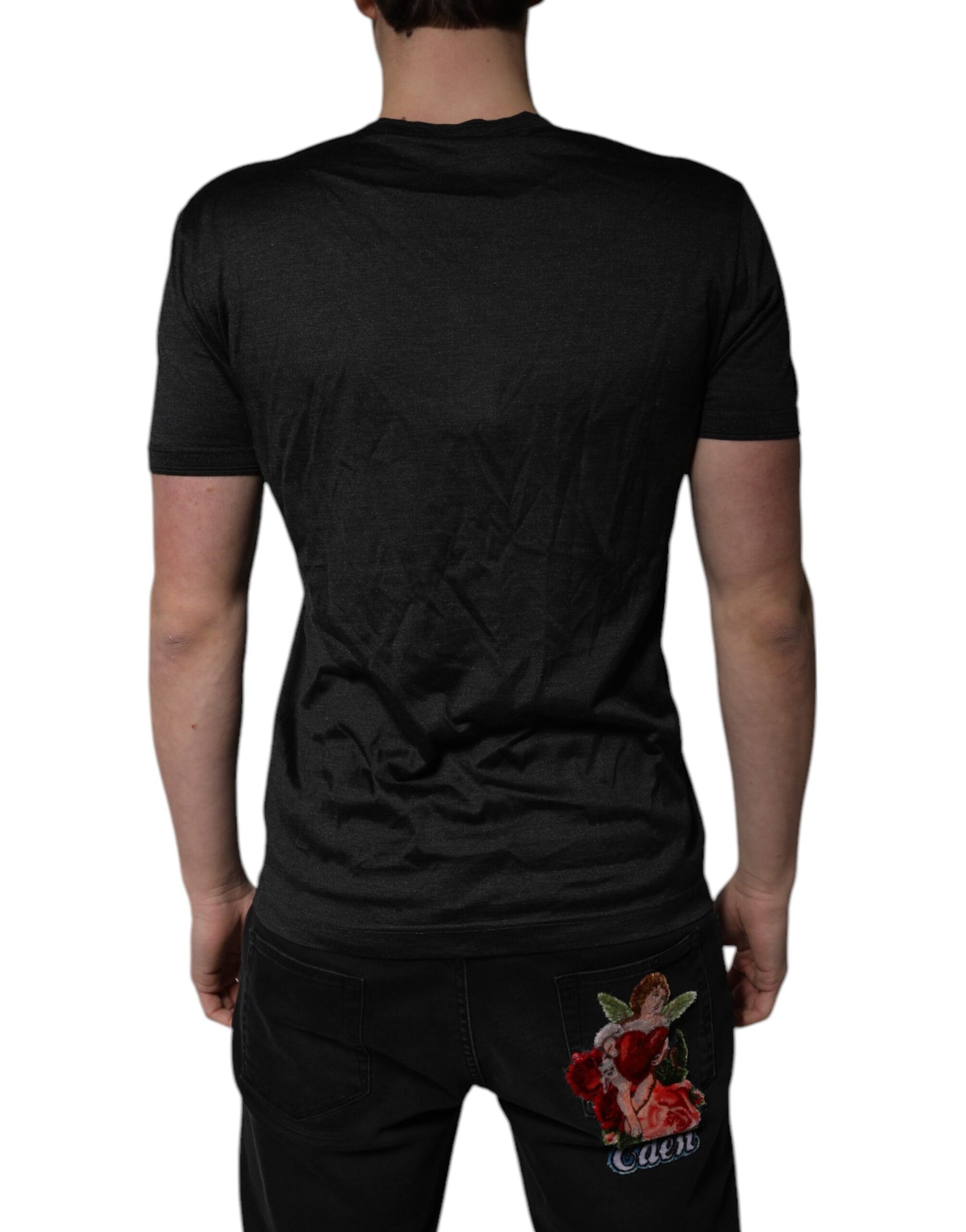 Dolce & Gabbana Dark Gray Silk V-neck Short Sleeves T-shirt | Regal Royce