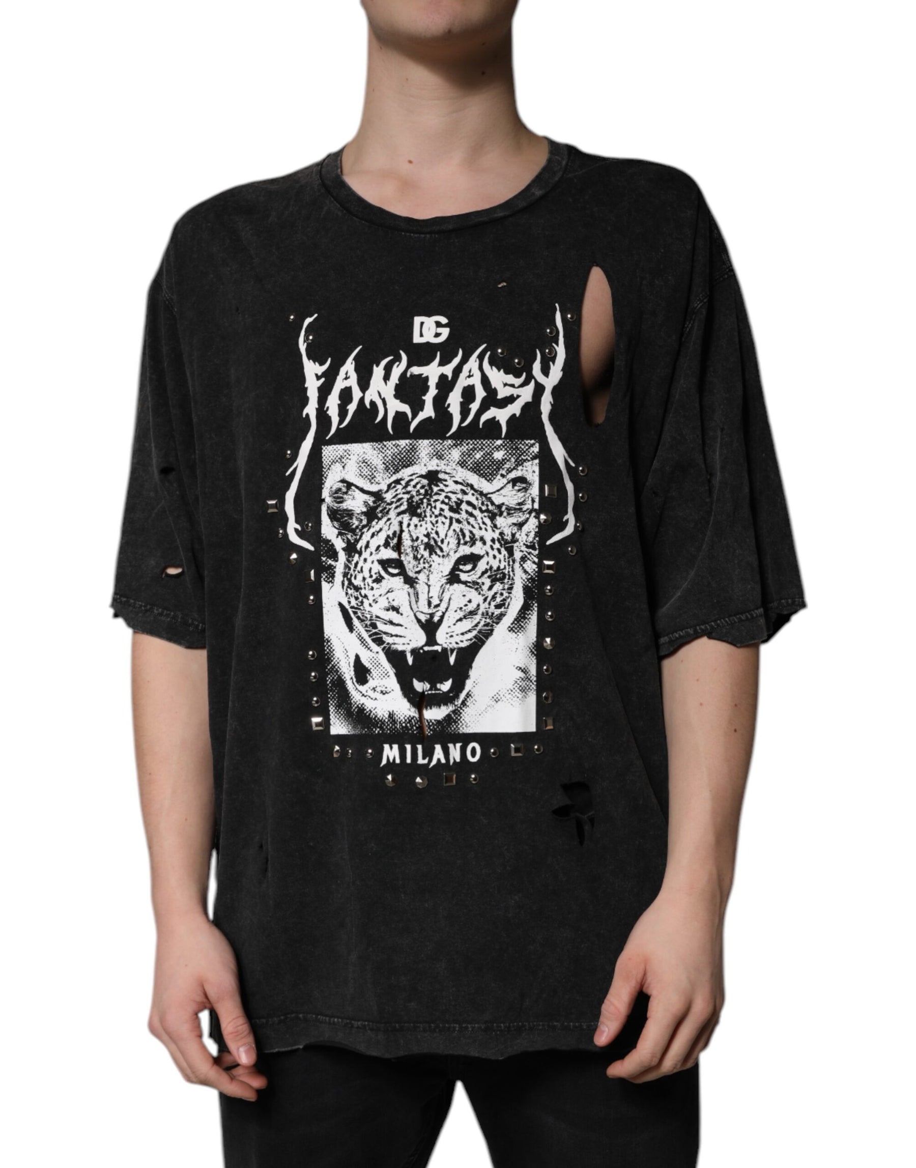 Dolce & Gabbana Black Graphic Print Cotton Crew Neck T-shirt | Regal Royce