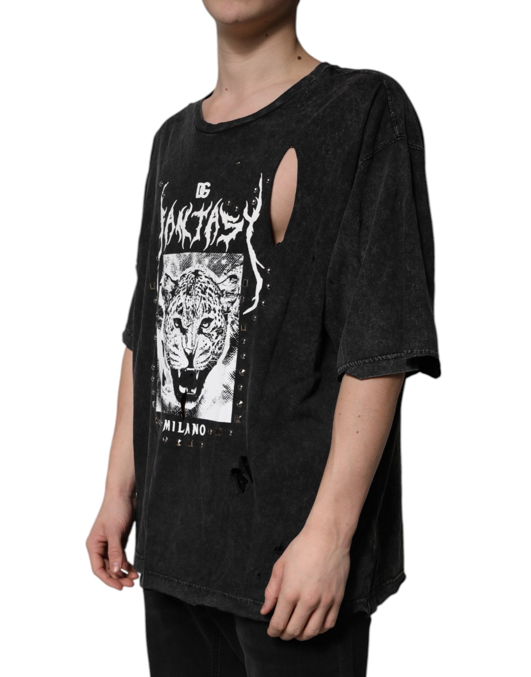 Dolce & Gabbana Black Graphic Print Cotton Crew Neck T-shirt | Regal Royce