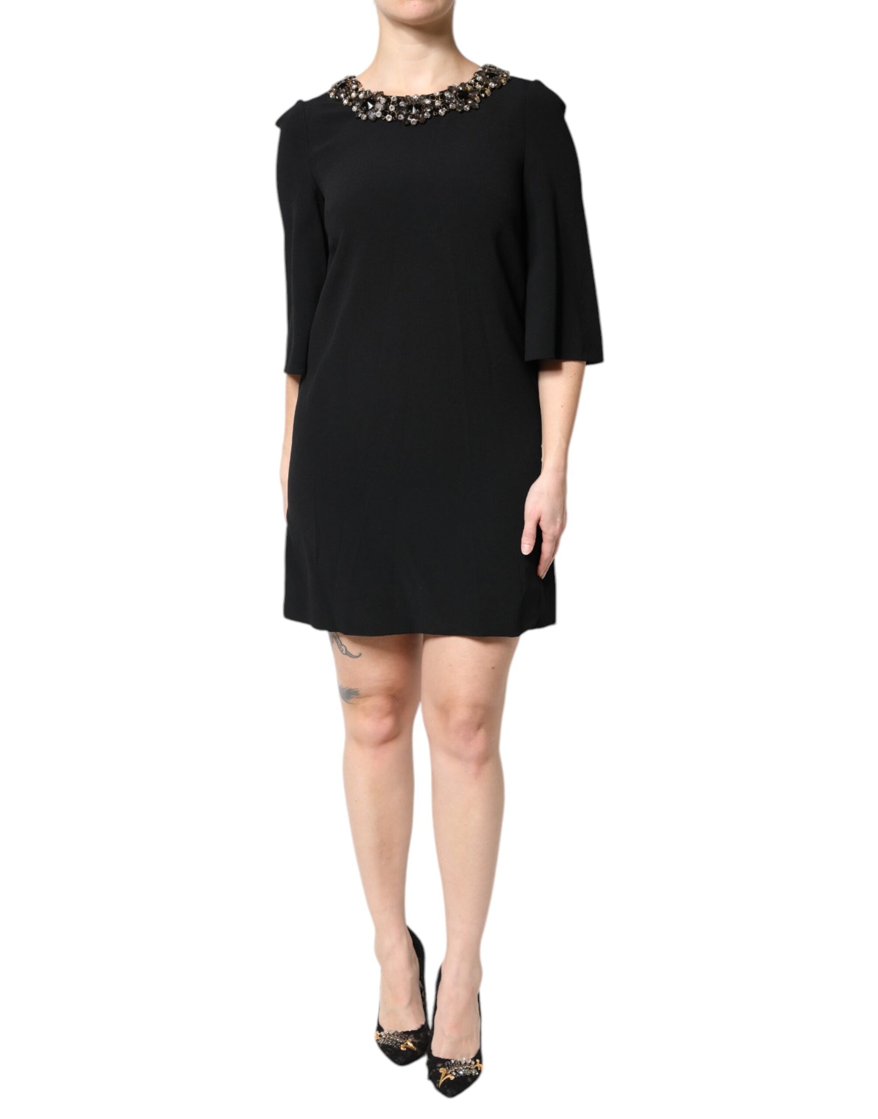 Dolce & Gabbana Black Crystal Embellished Round Neck Mini Dress | Regal Royce