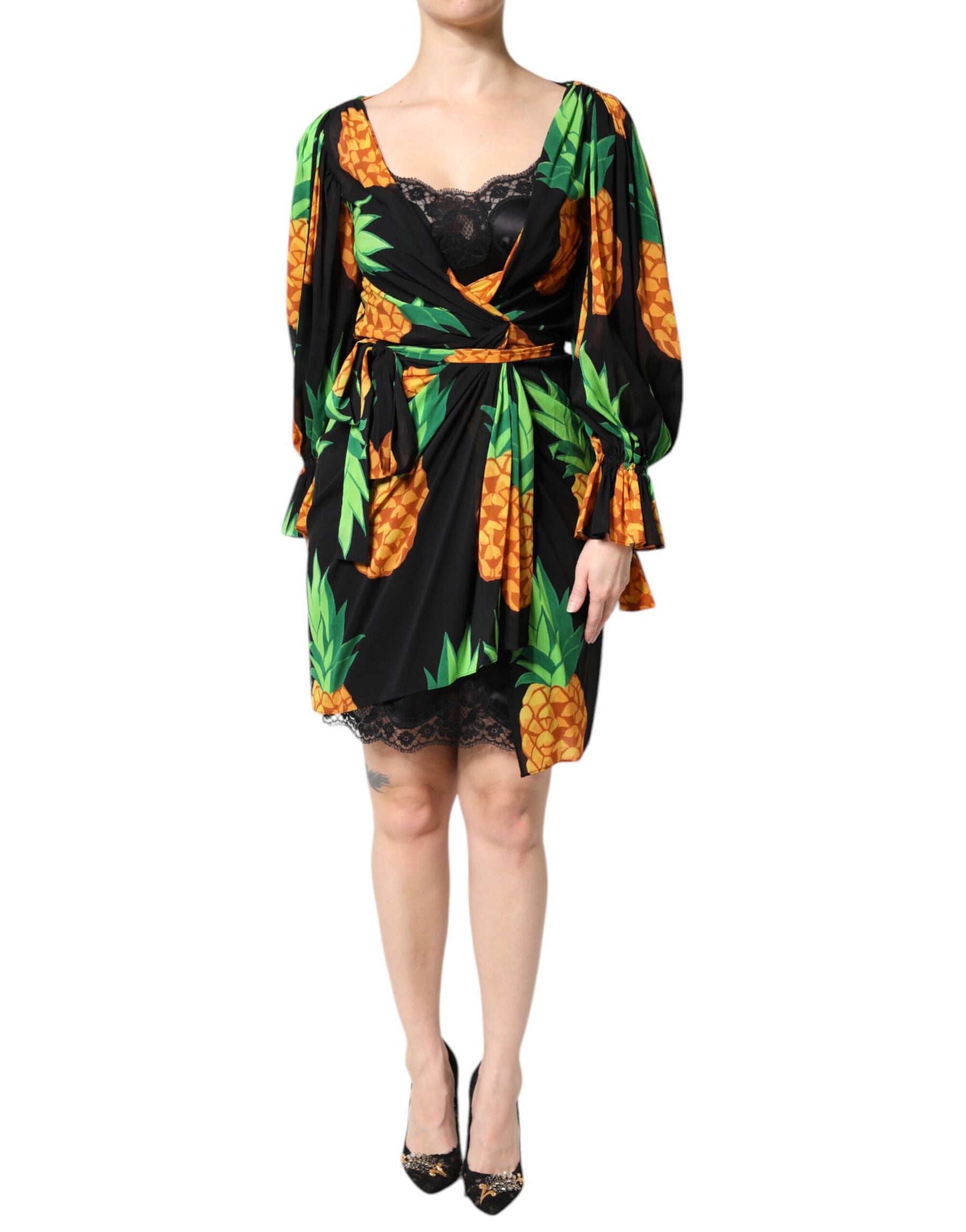 Dolce & Gabbana Black Silk Pineapple Draped Print Wrap Dress | Regal Royce
