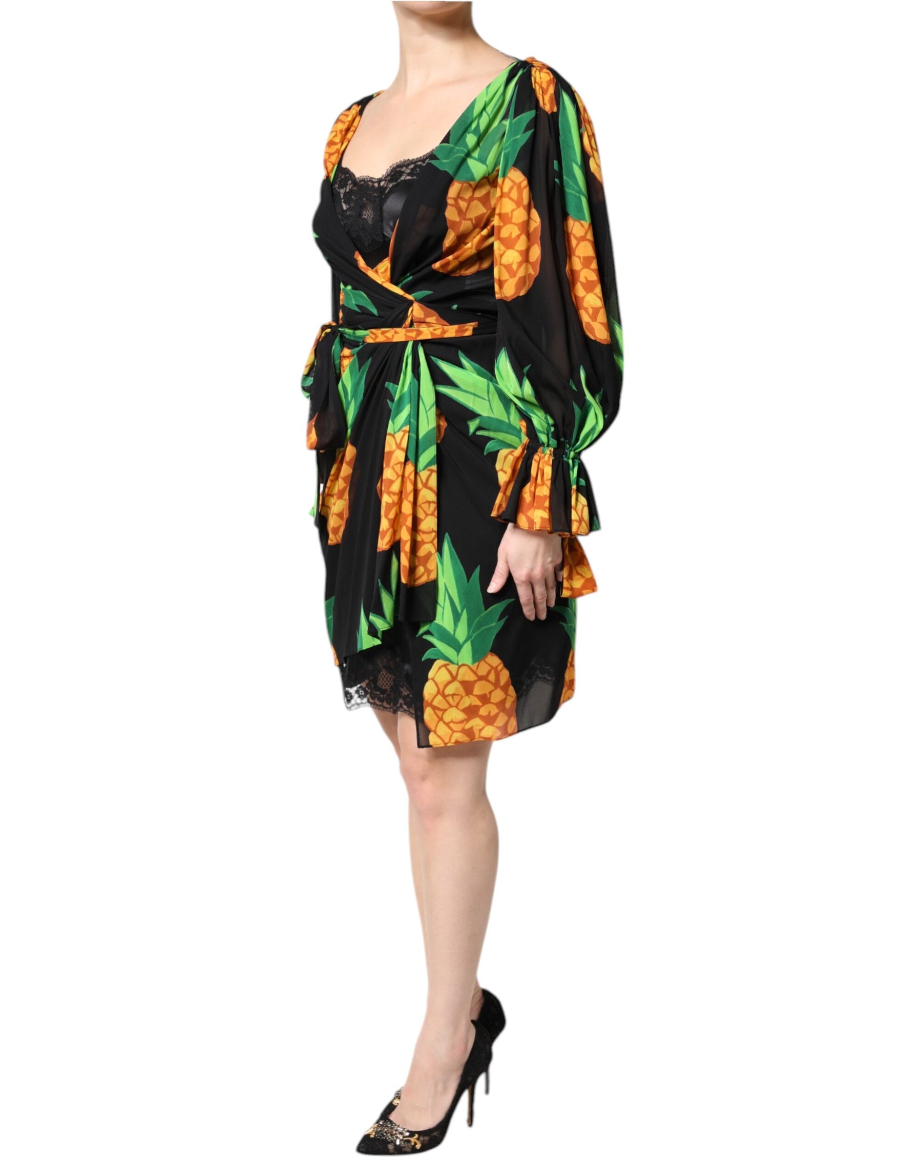 Dolce & Gabbana Black Silk Pineapple Draped Print Wrap Dress | Regal Royce