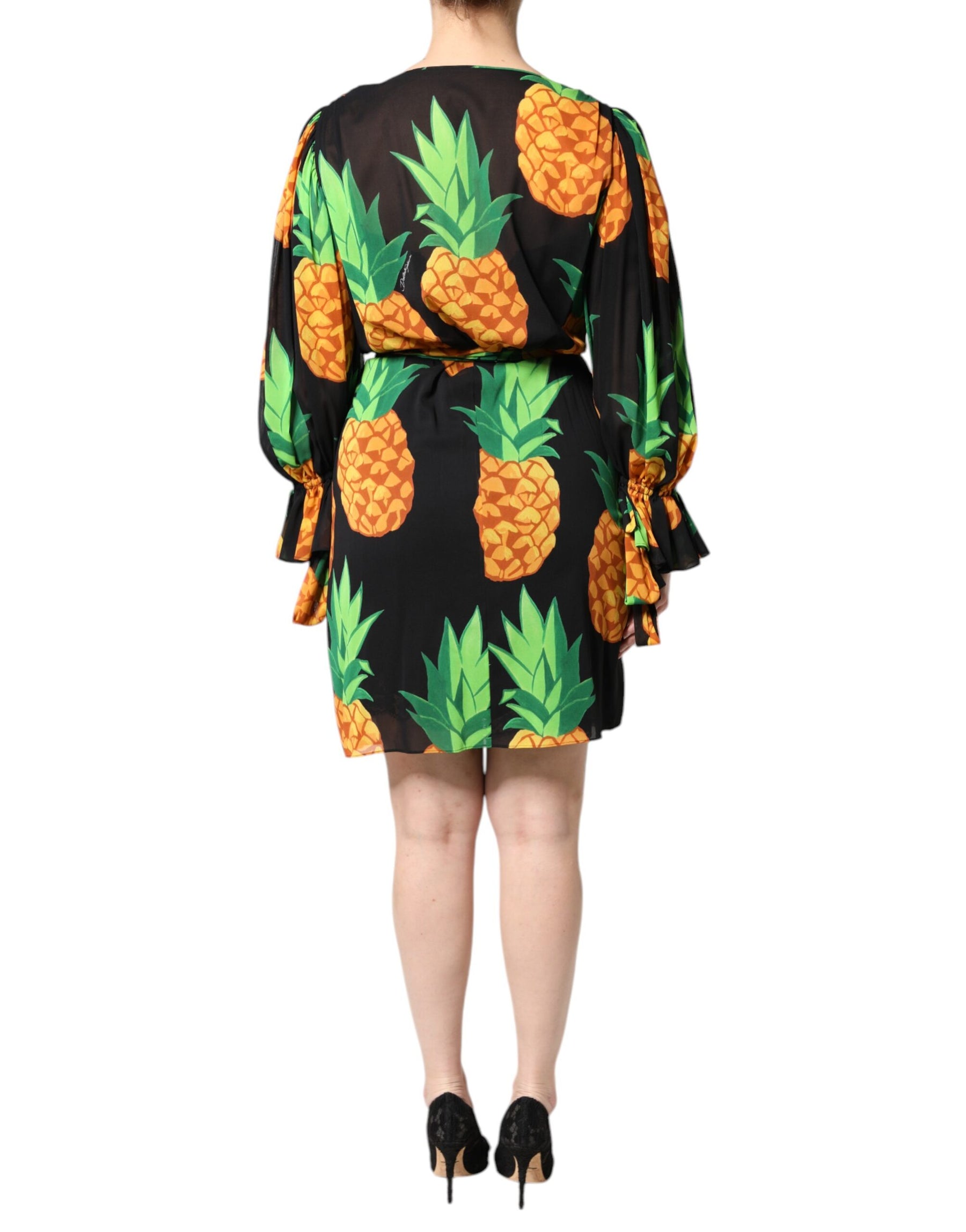 Dolce & Gabbana Black Silk Pineapple Draped Print Wrap Dress | Regal Royce