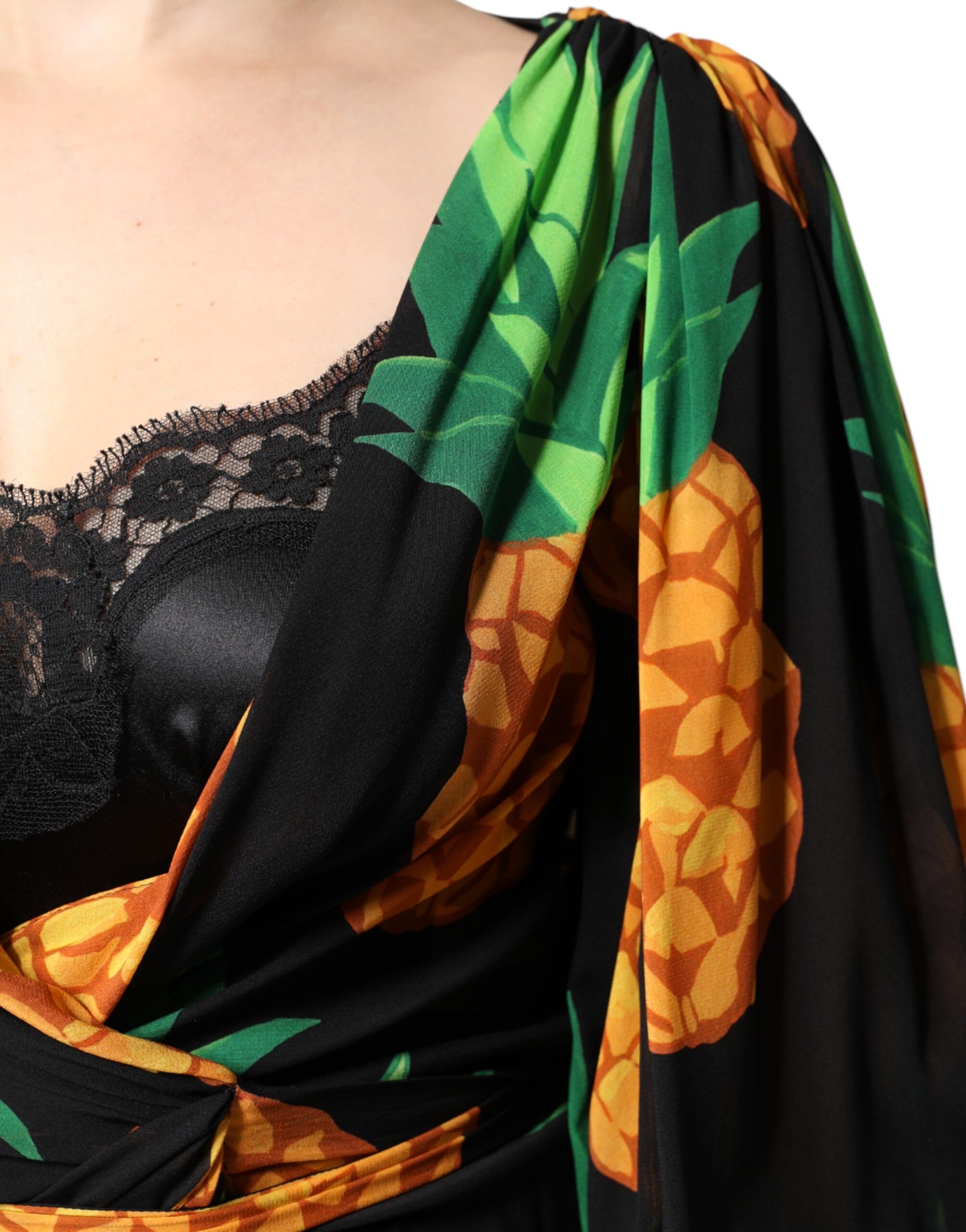 Dolce & Gabbana Black Silk Pineapple Draped Print Wrap Dress | Regal Royce