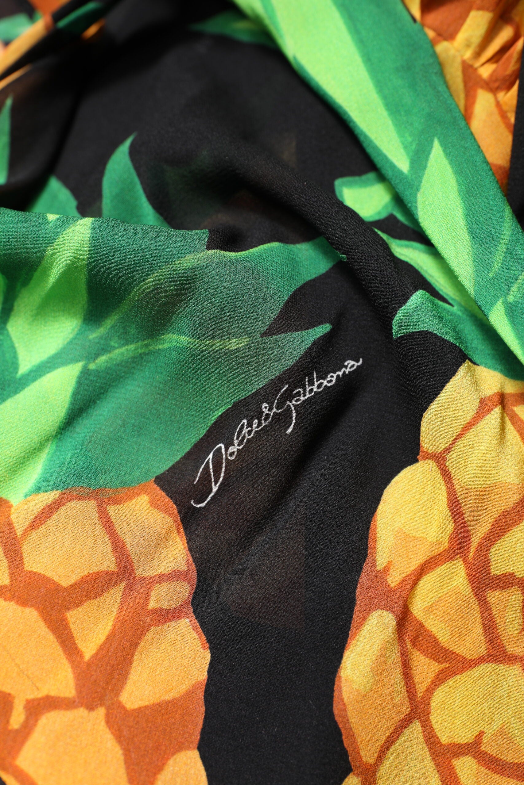 Dolce & Gabbana Black Silk Pineapple Draped Print Wrap Dress | Regal Royce