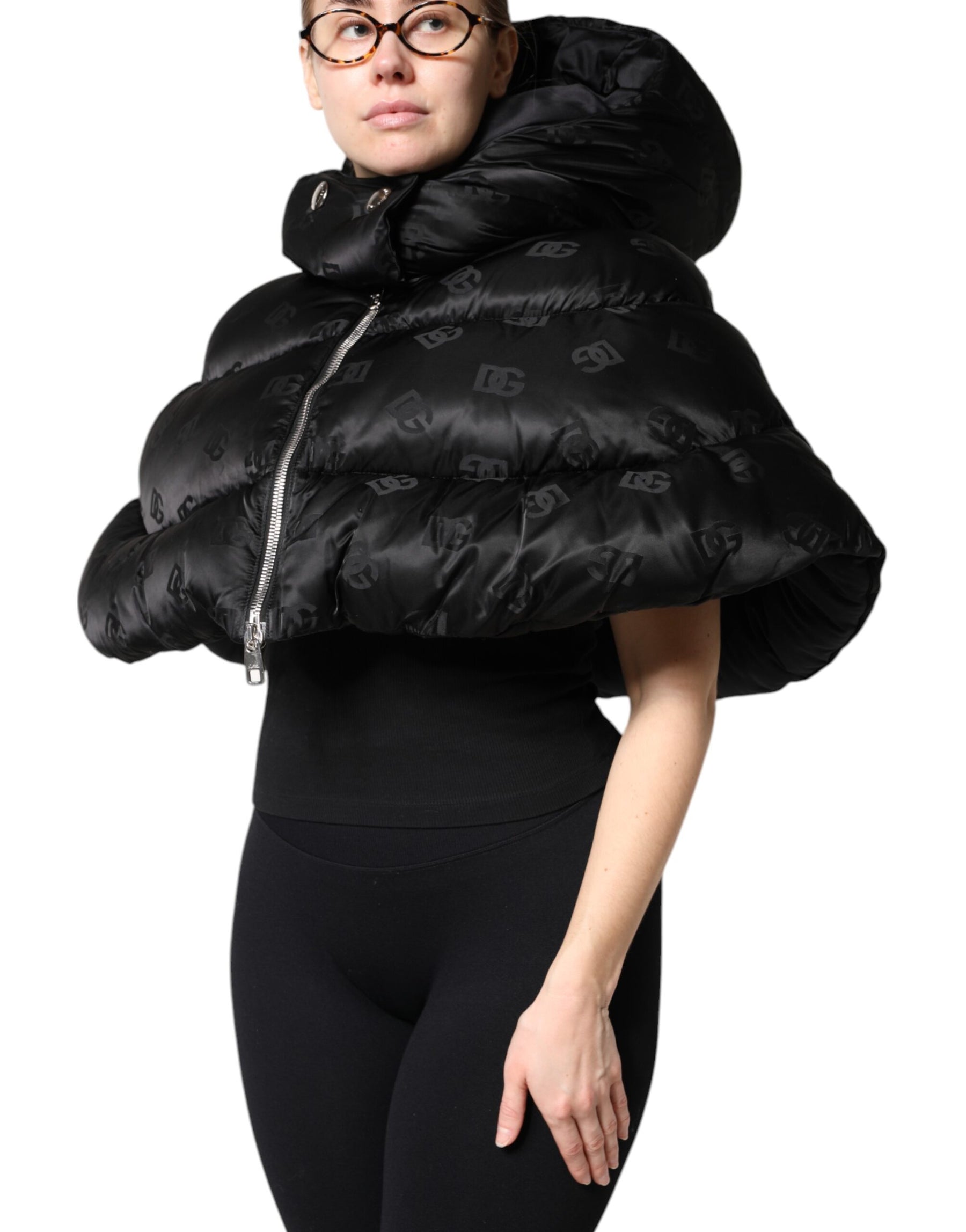 Dolce & Gabbana Black Padded Puffer Hooded Full Zip Cropped Jacket | Regal Royce