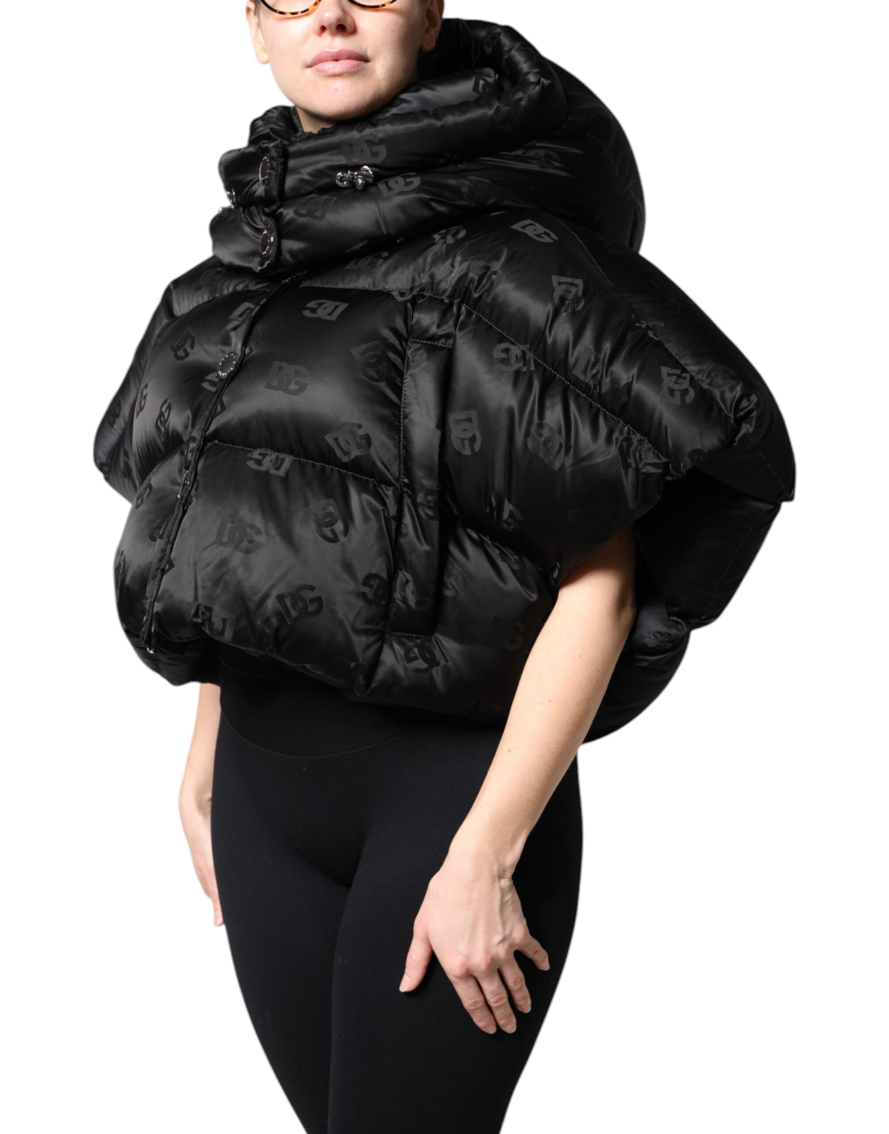 Dolce & Gabbana Black Padded Puffer Hooded Full Zip Cropped Jacket | Regal Royce