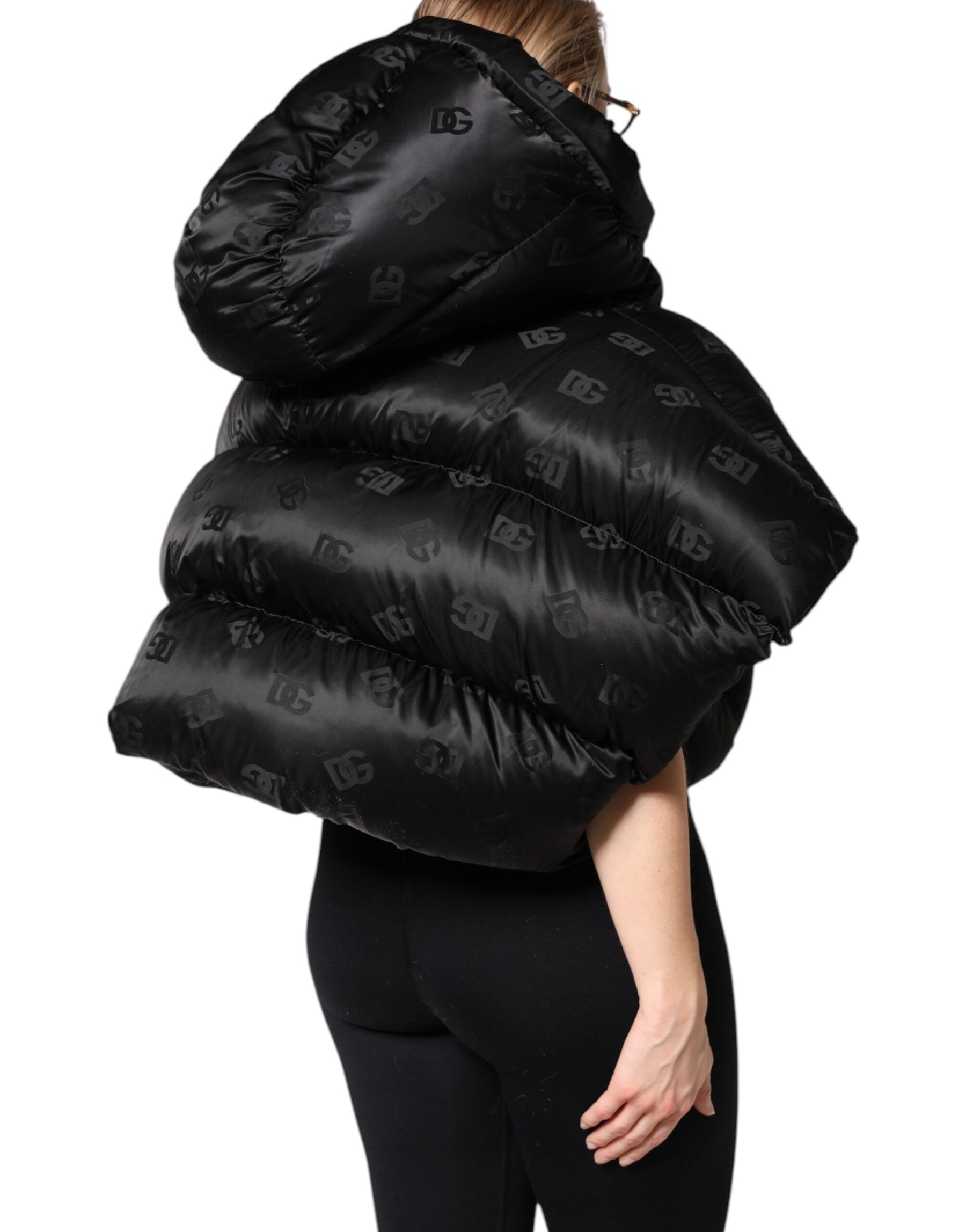 Dolce & Gabbana Black Padded Puffer Hooded Full Zip Cropped Jacket | Regal Royce