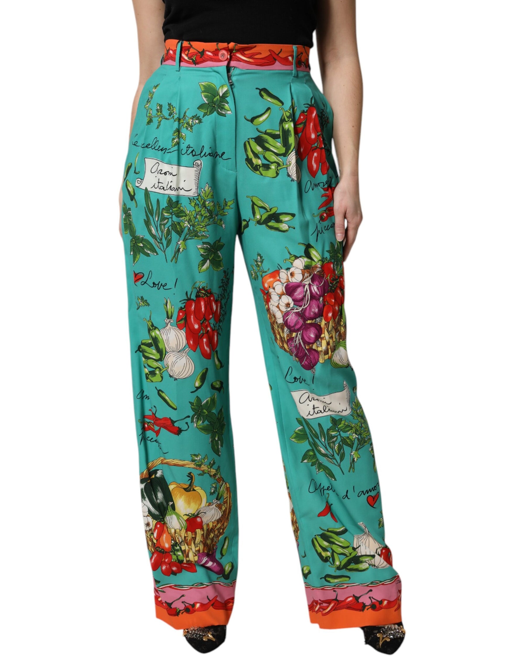 Dolce & Gabbana Green Silk Printed Straight Pants | Regal Royce