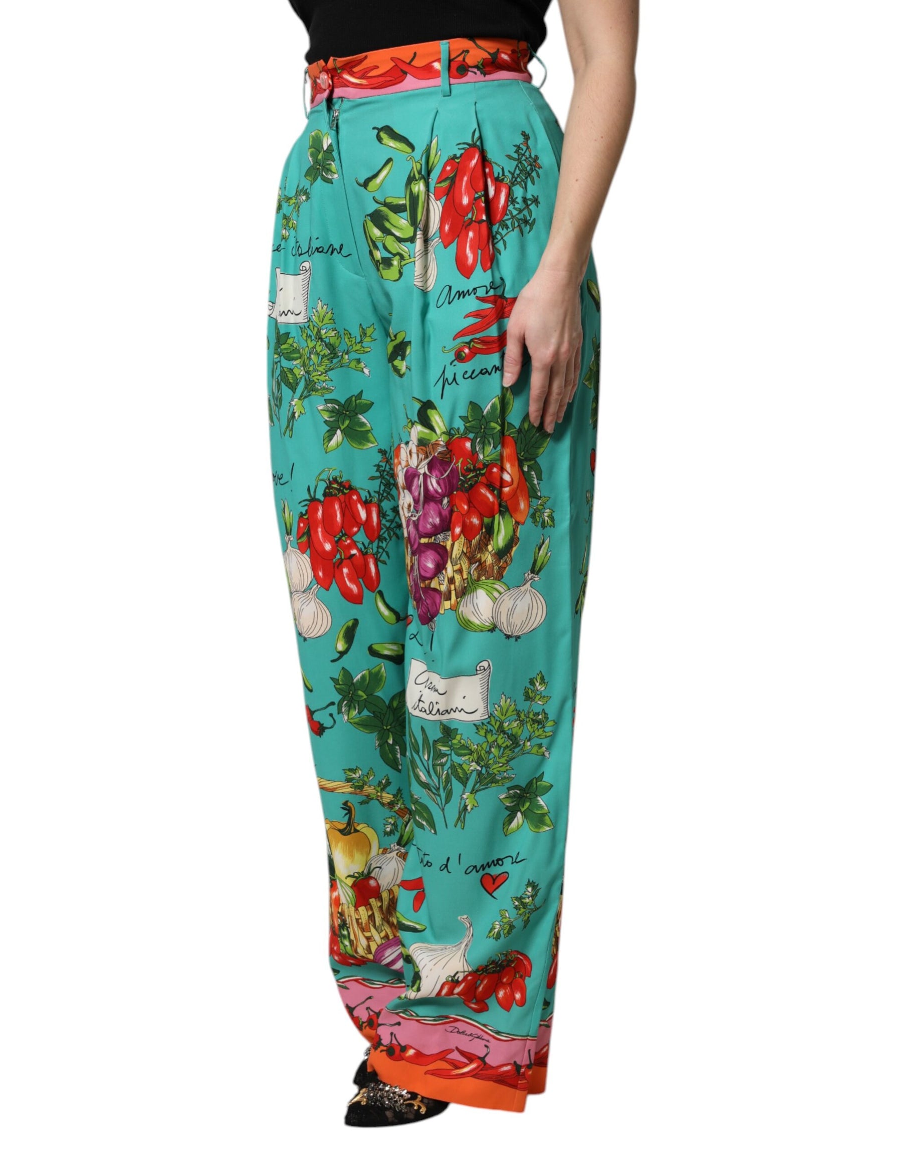Dolce & Gabbana Green Silk Printed Straight Pants | Regal Royce
