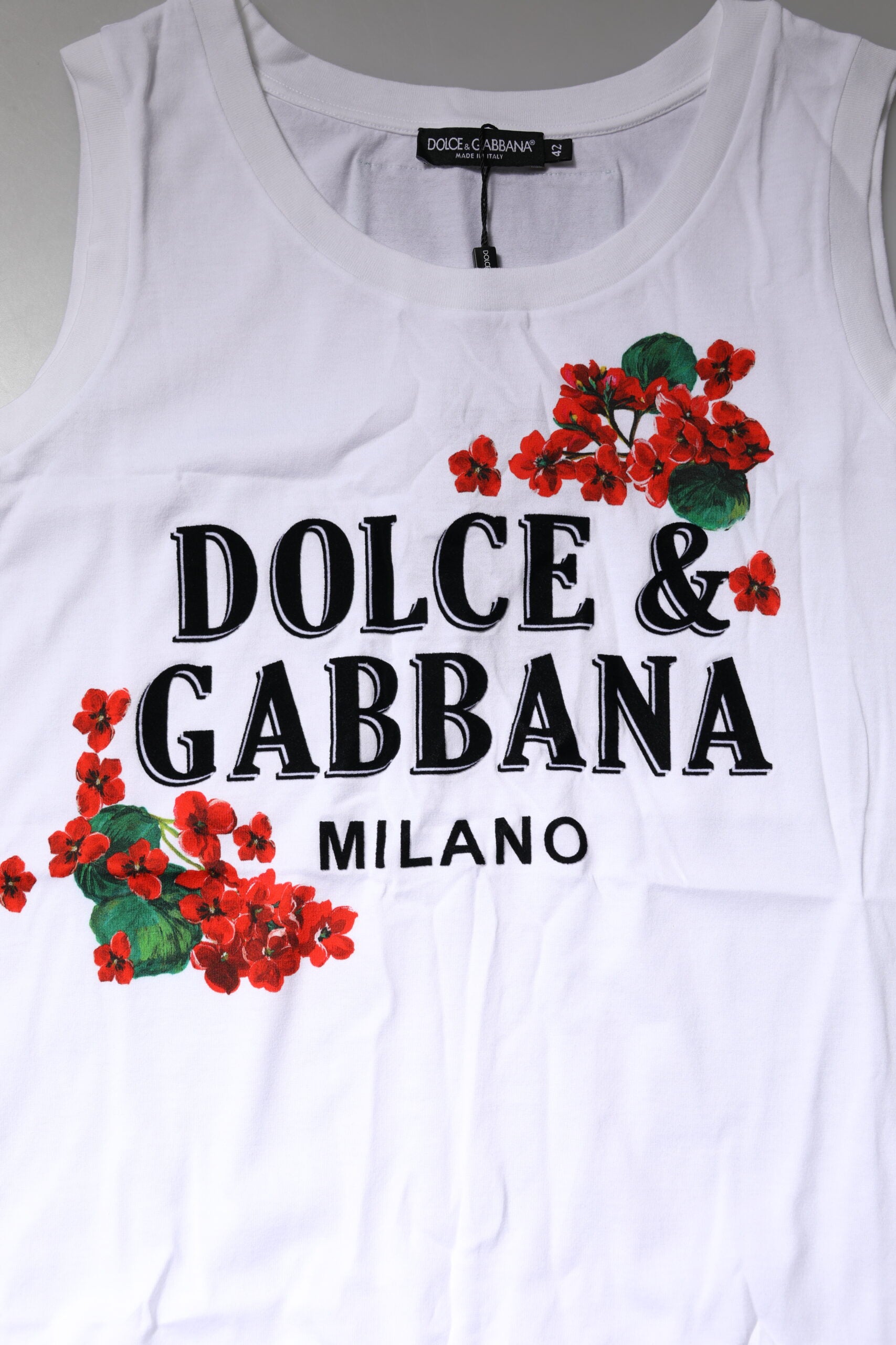 Dolce & Gabbana White Floral Printed Cotton Sleeveless T-shirt | Regal Royce