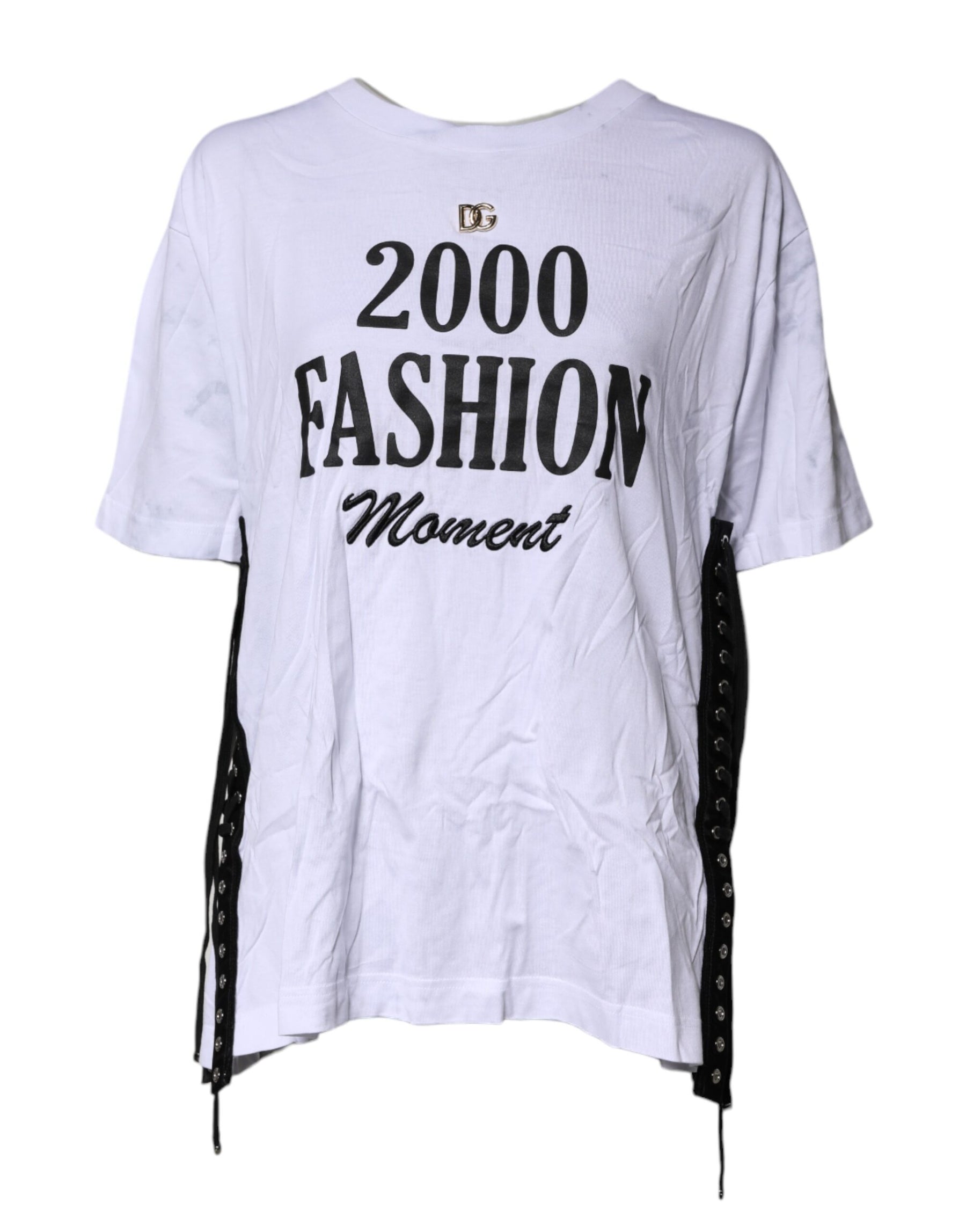 Dolce & Gabbana White Print Lace-Up Cotton Crew Neck T-shirt | Regal Royce