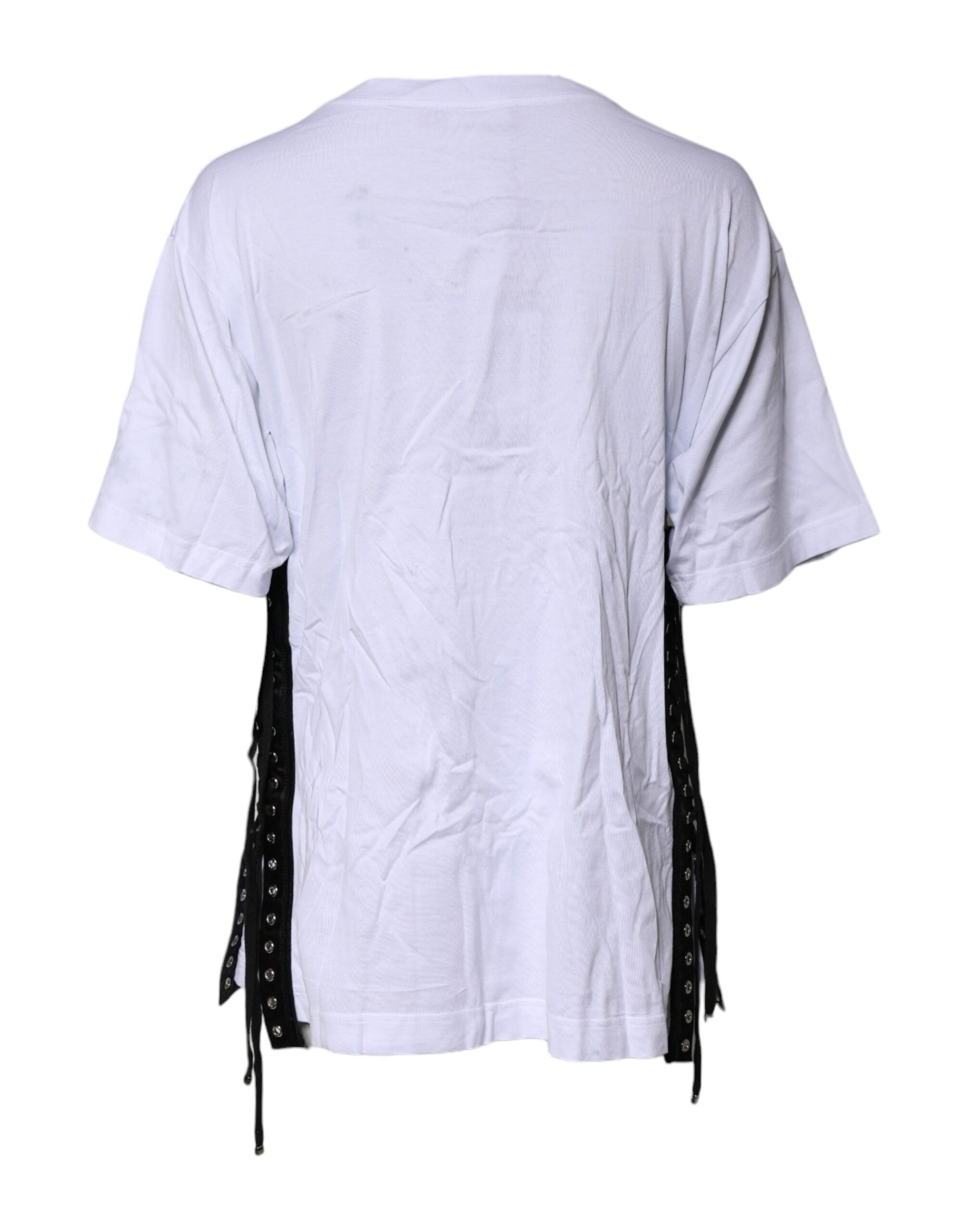 Dolce & Gabbana White Print Lace-Up Cotton Crew Neck T-shirt | Regal Royce