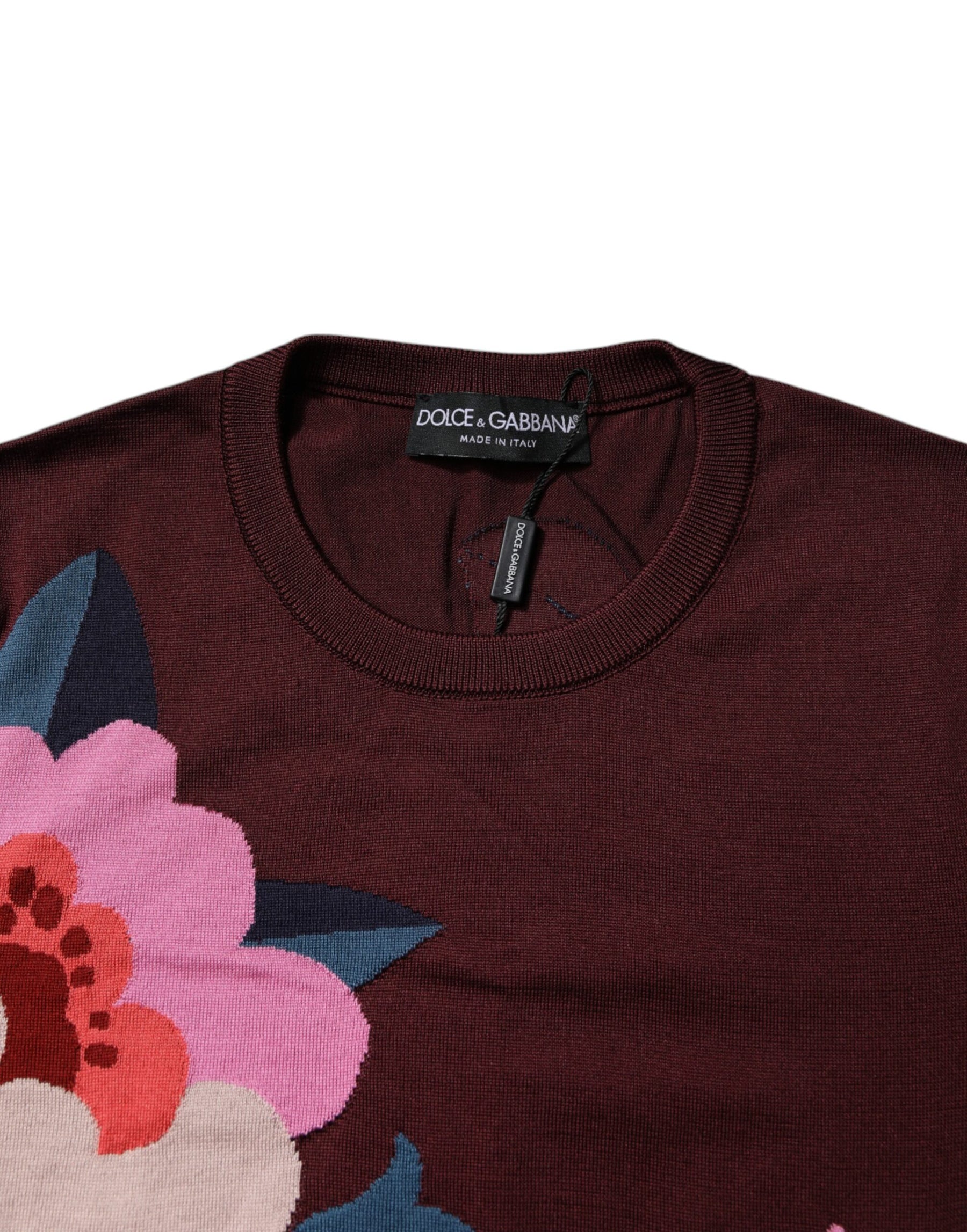 Dolce & Gabbana Maroon Floral Silk Crew Neck Blouse Top | Regal Royce