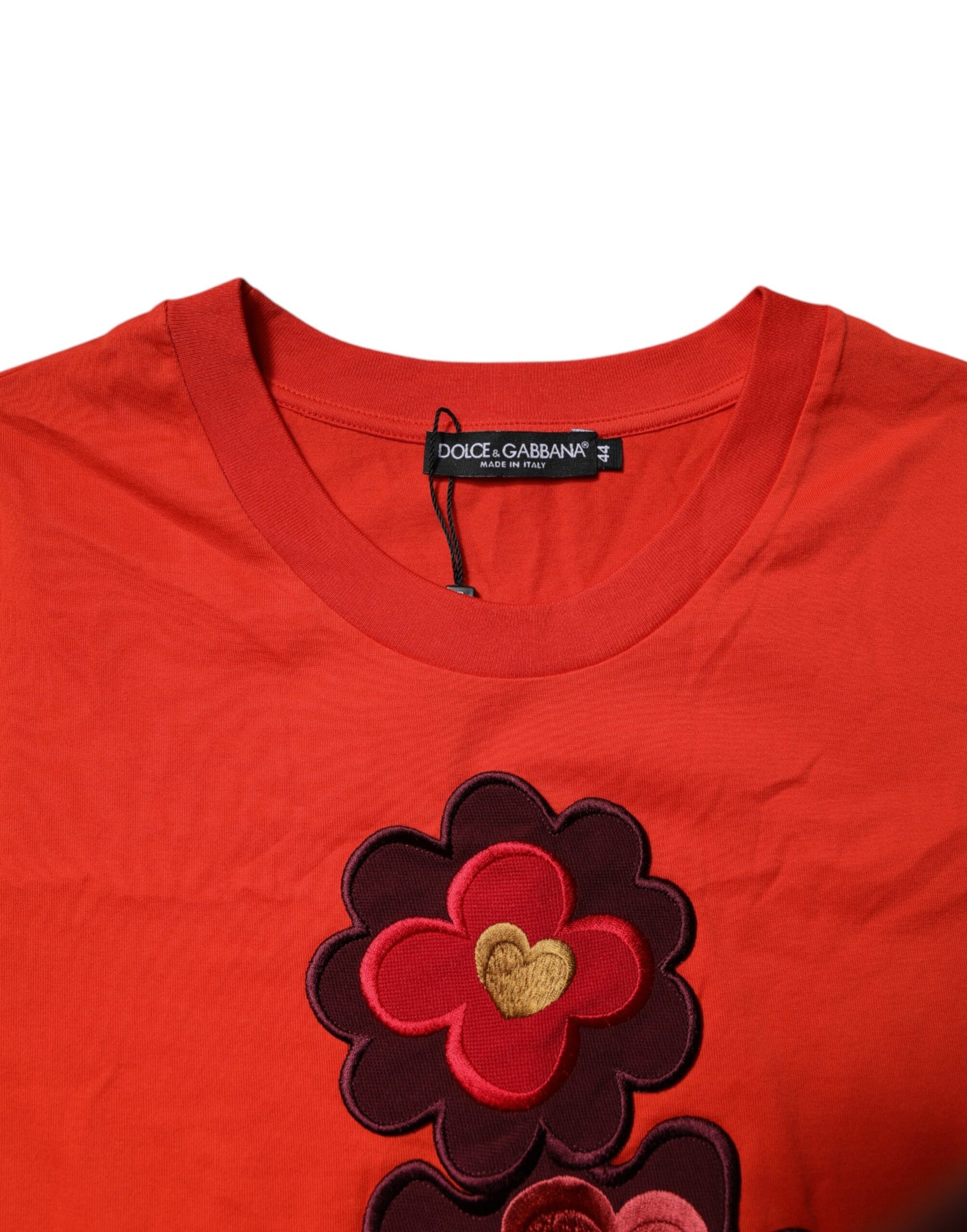 Dolce & Gabbana Red Floral Embroidery Cotton Crew Neck T-shirt | Regal Royce