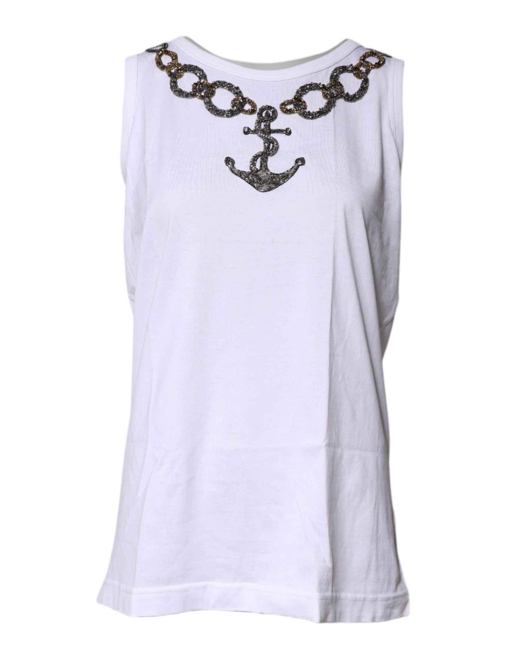Dolce & Gabbana White Cotton Anchor Chain Embroidery Tank Top | Regal Royce
