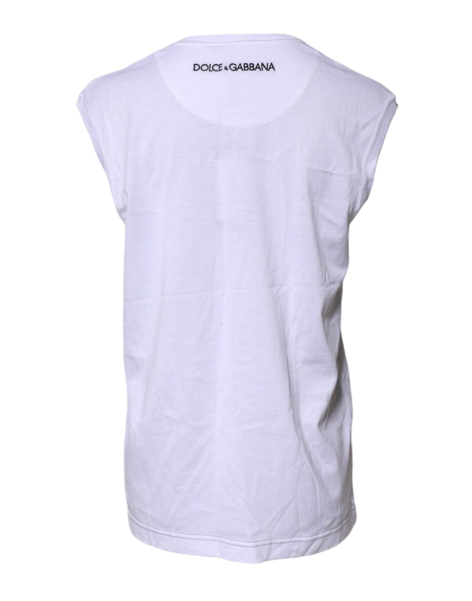 Dolce & Gabbana White Cotton Sleeveless Printed Tank T-shirt | Regal Royce
