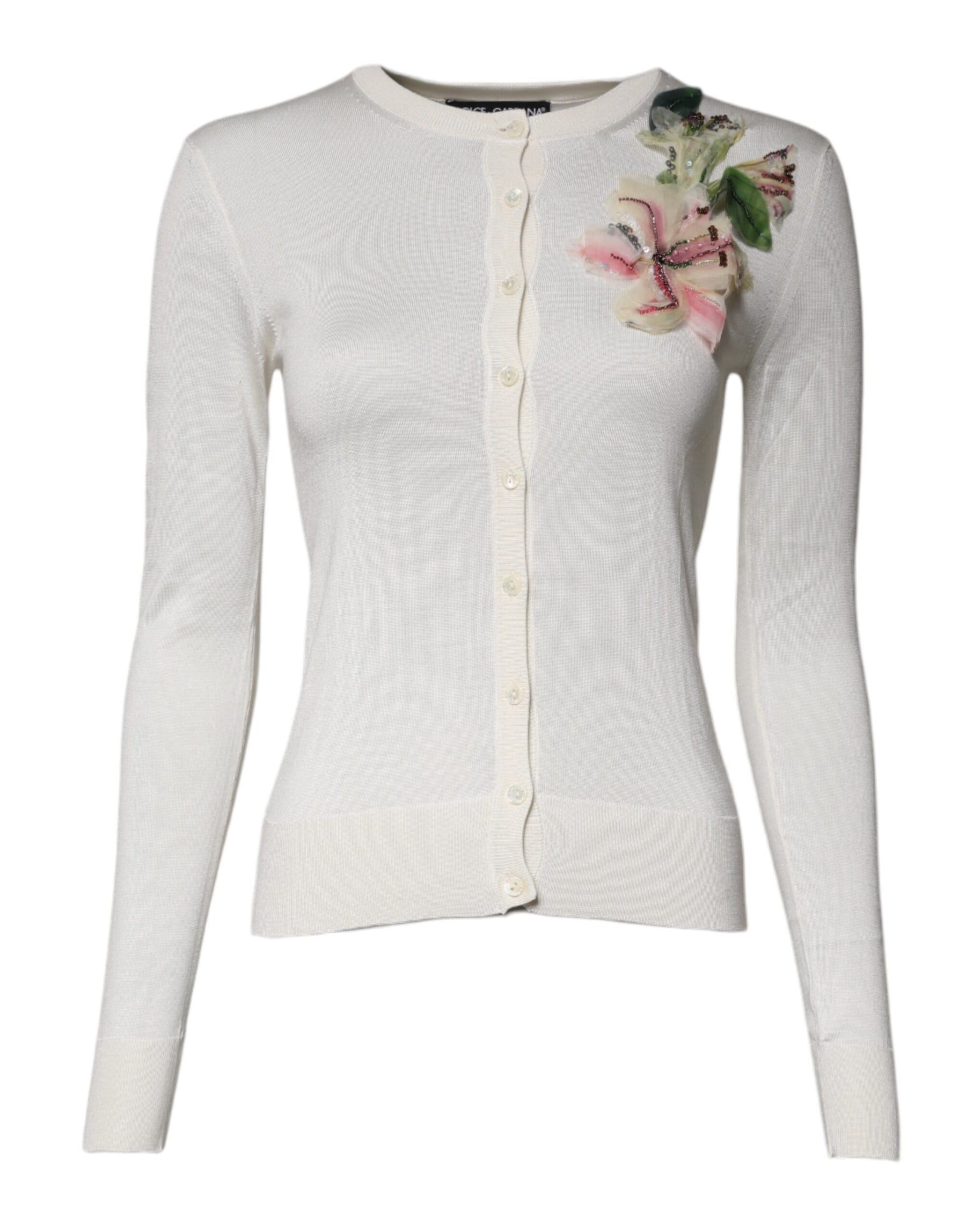 Dolce & Gabbana Cream Floral Silk Embellished Cardigan Sweater | Regal Royce