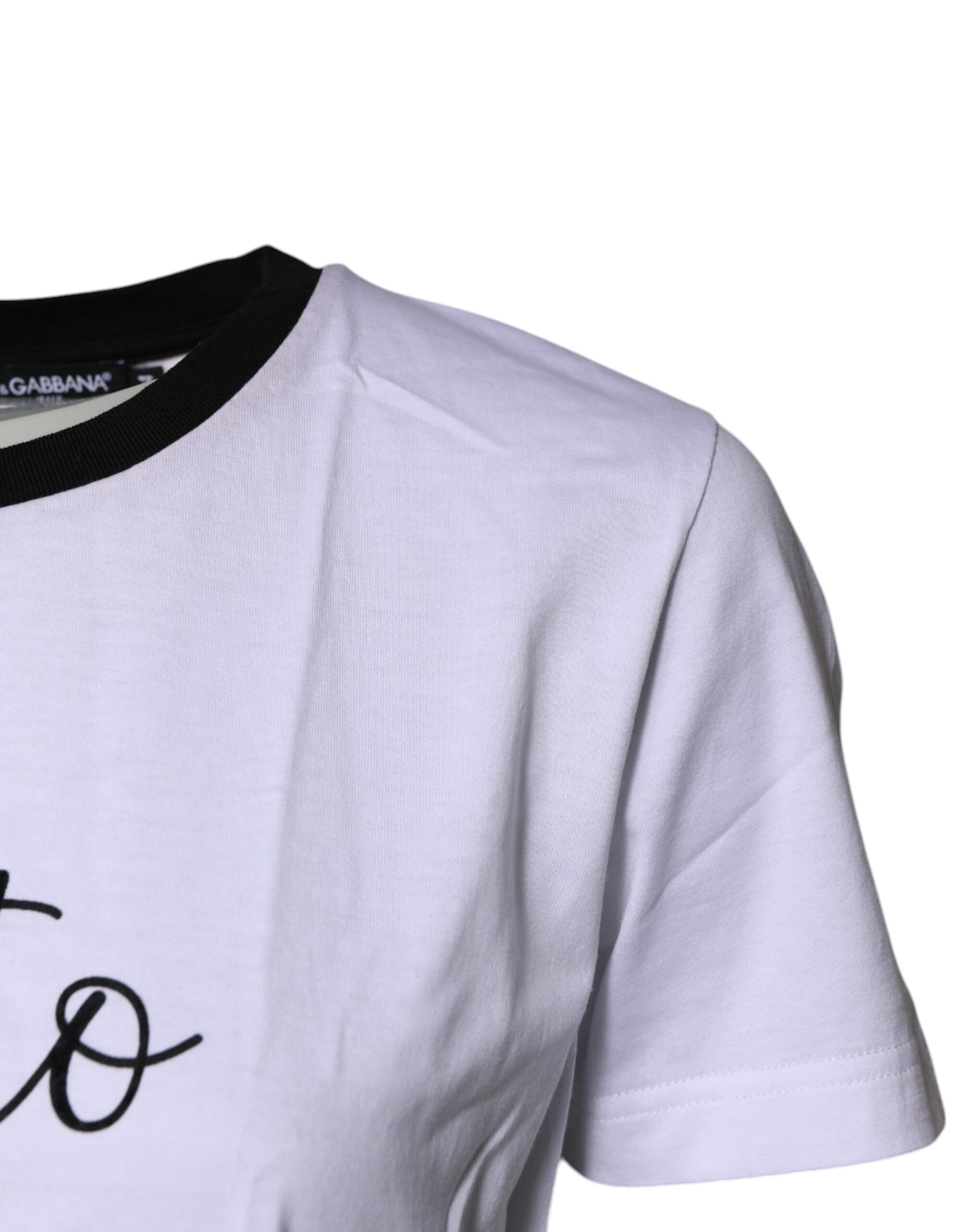 Dolce & Gabbana White Printed Round Neck Top Cotton T-shirt | Regal Royce