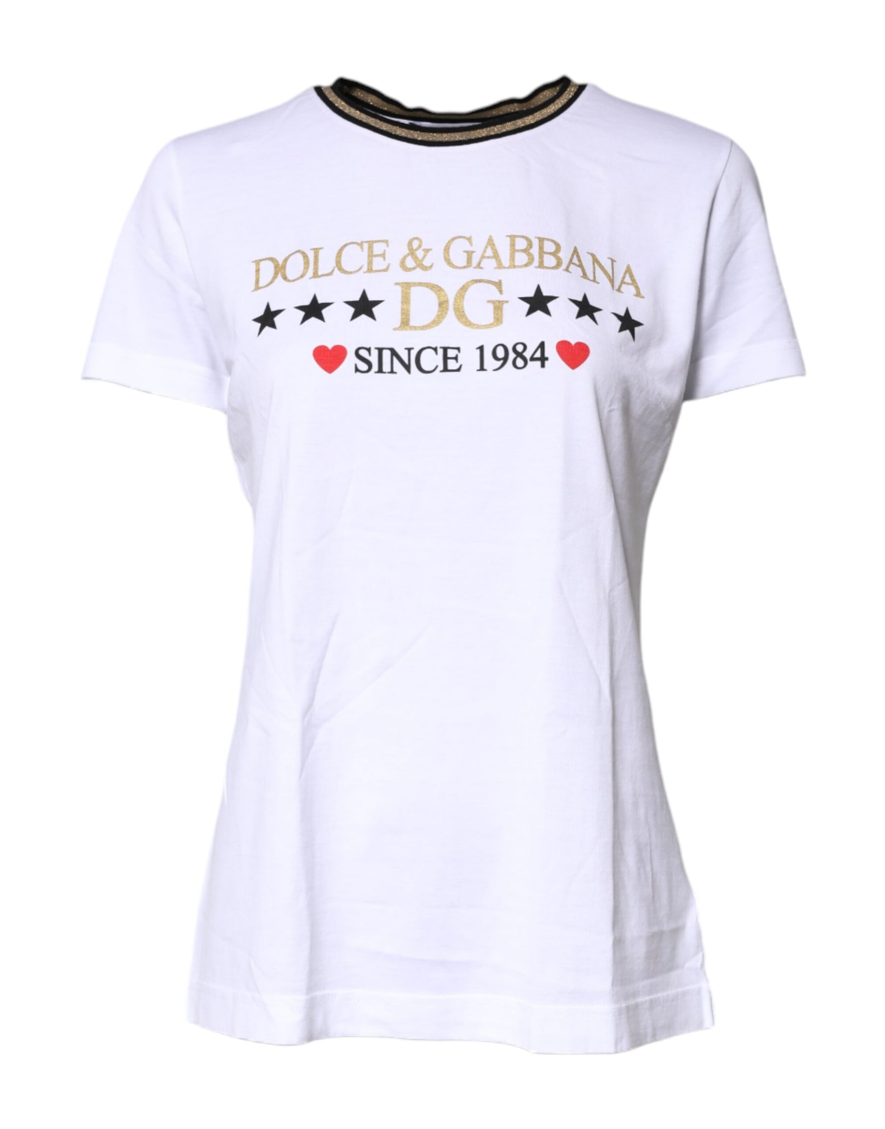 Dolce & Gabbana White Printed Round Neck Top Cotton T-shirt | Regal Royce