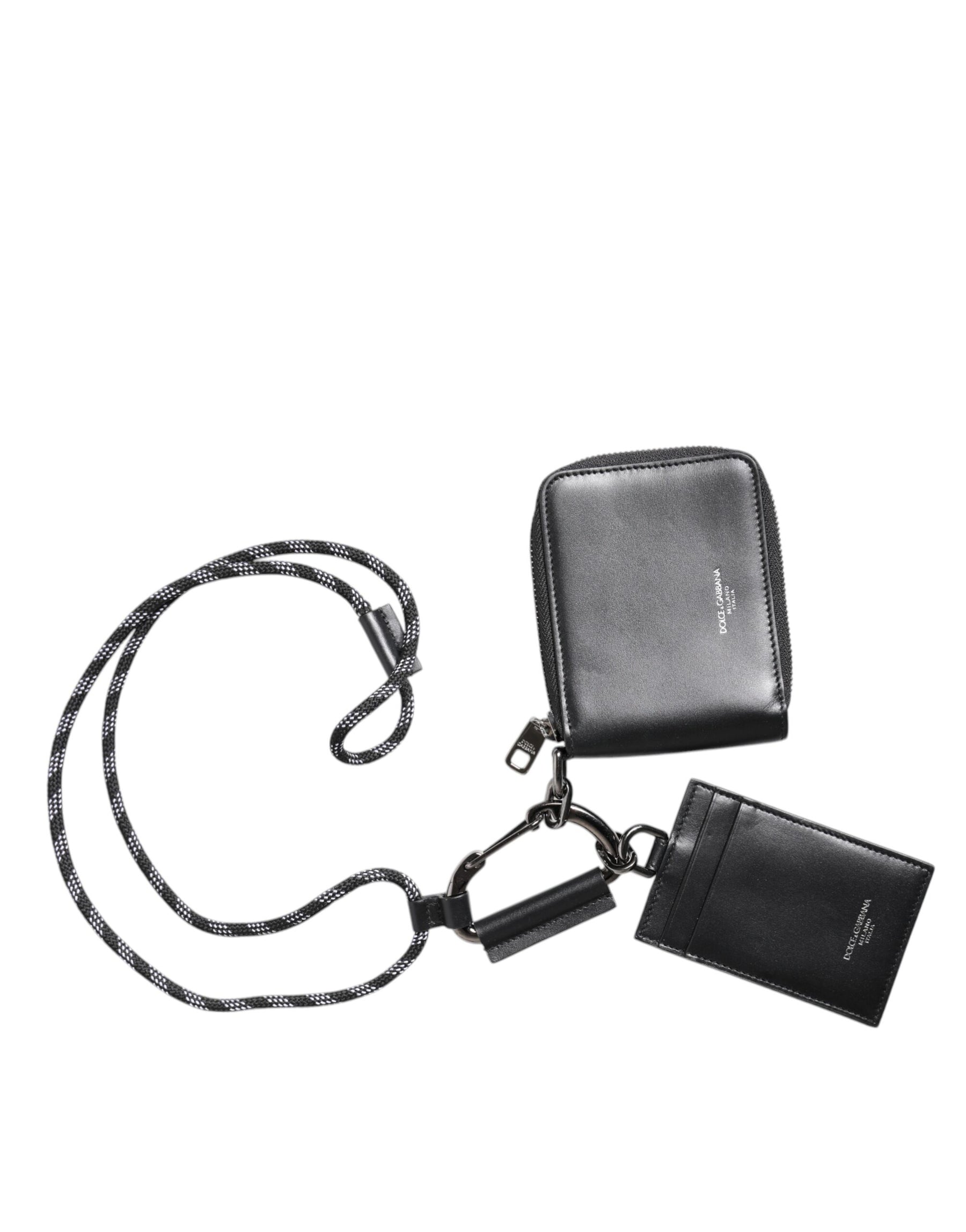Dolce & Gabbana Black Leather Lanyard Zip Around Card Holder Wallet | Regal Royce