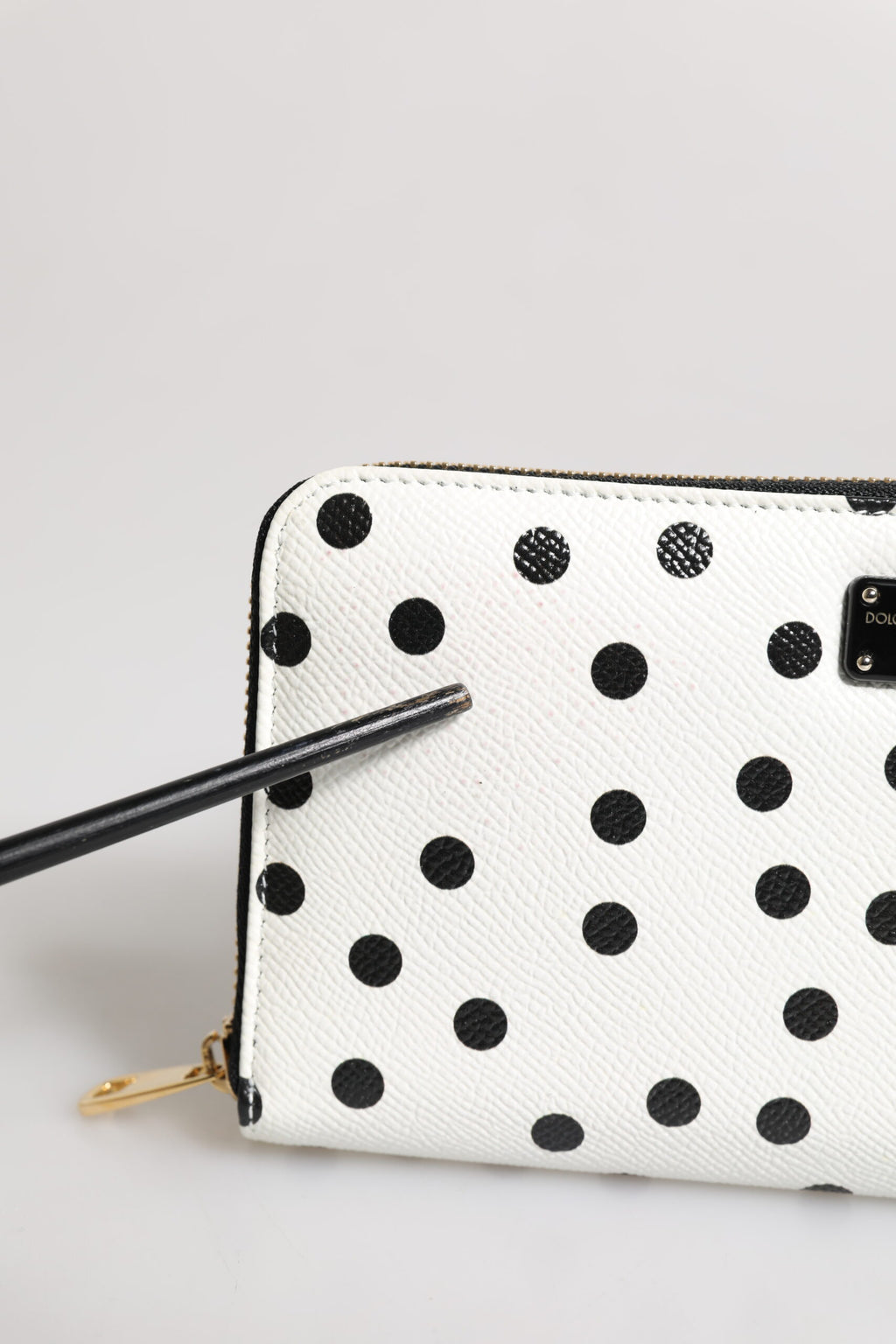 Dolce & Gabbana White Black Striped Leather Zip Around Continental Wallet