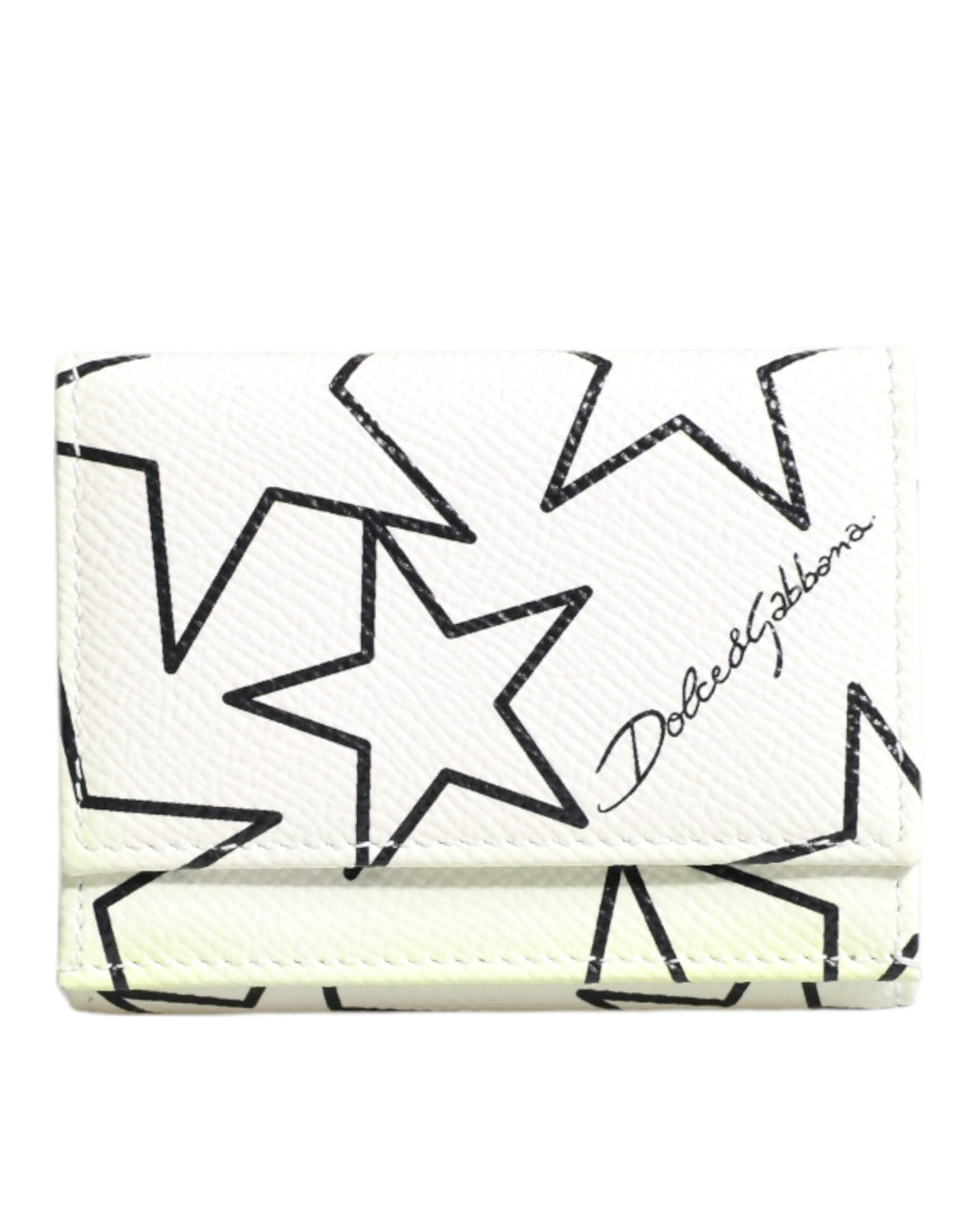 Dolce & Gabbana White Leather Trifold DG Star Print Card Holder Wallet