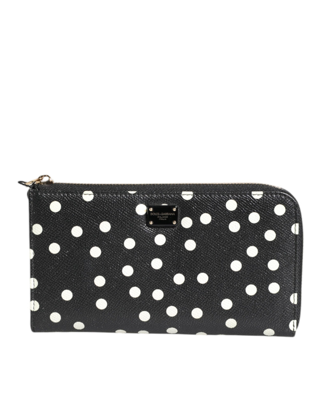 Dolce & Gabbana Black White Dotted Leather Zip Around Continental Wallet