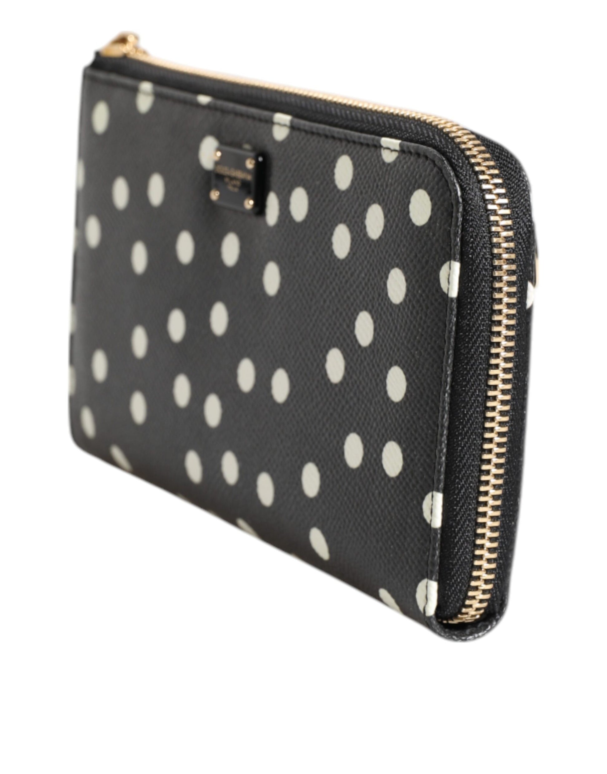 Dolce & Gabbana Black White Dotted Leather Zip Around Continental Wallet