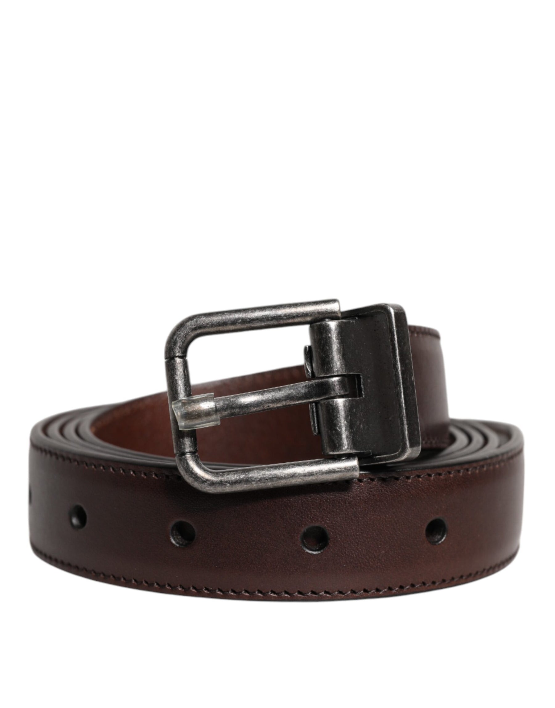 Dolce & Gabbana Brown Leather Silver Metal Buckle Belt | Regal Royce