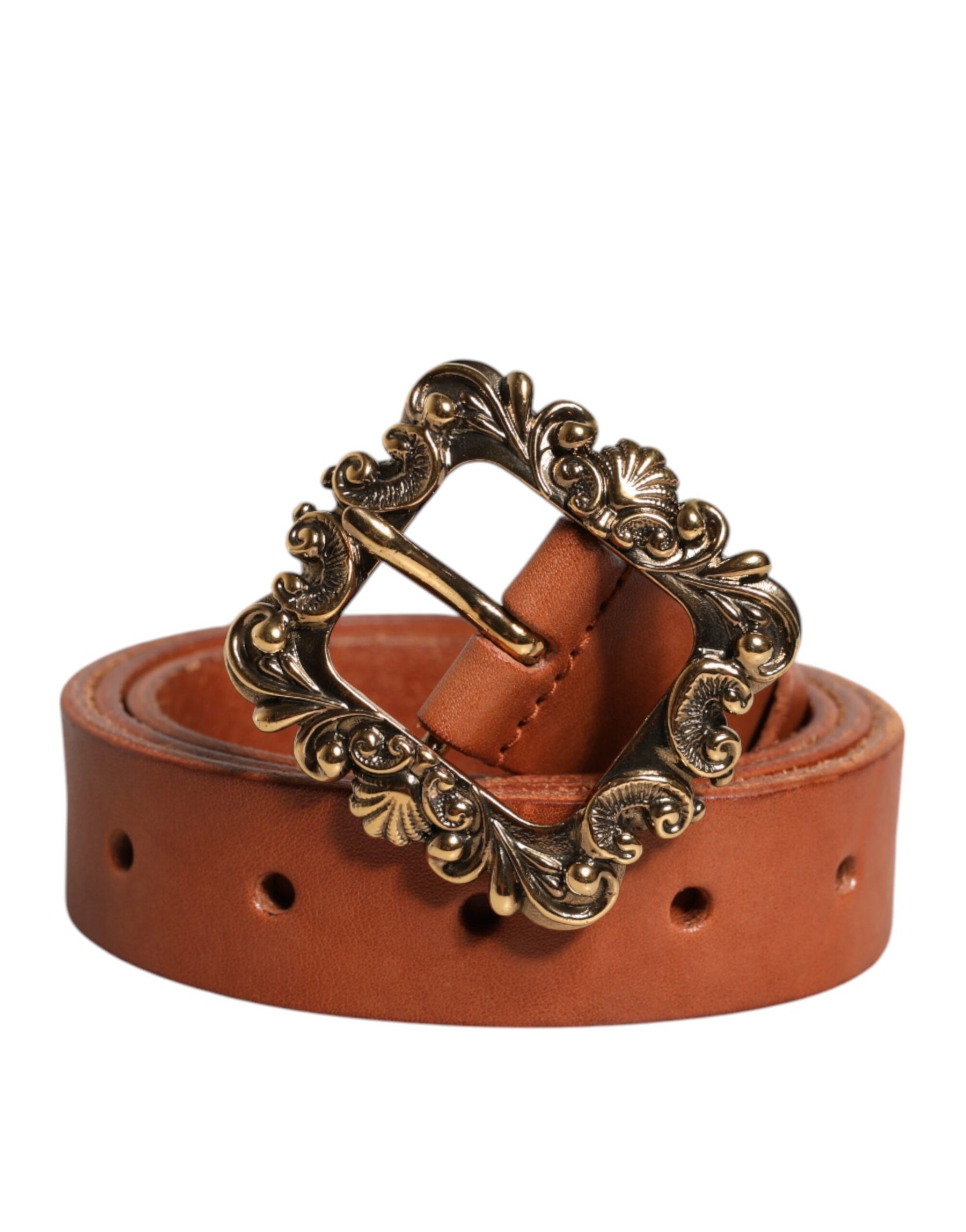 Dolce & Gabbana Brown Leather Gold Metal Baroque Buckle Belt | Regal Royce
