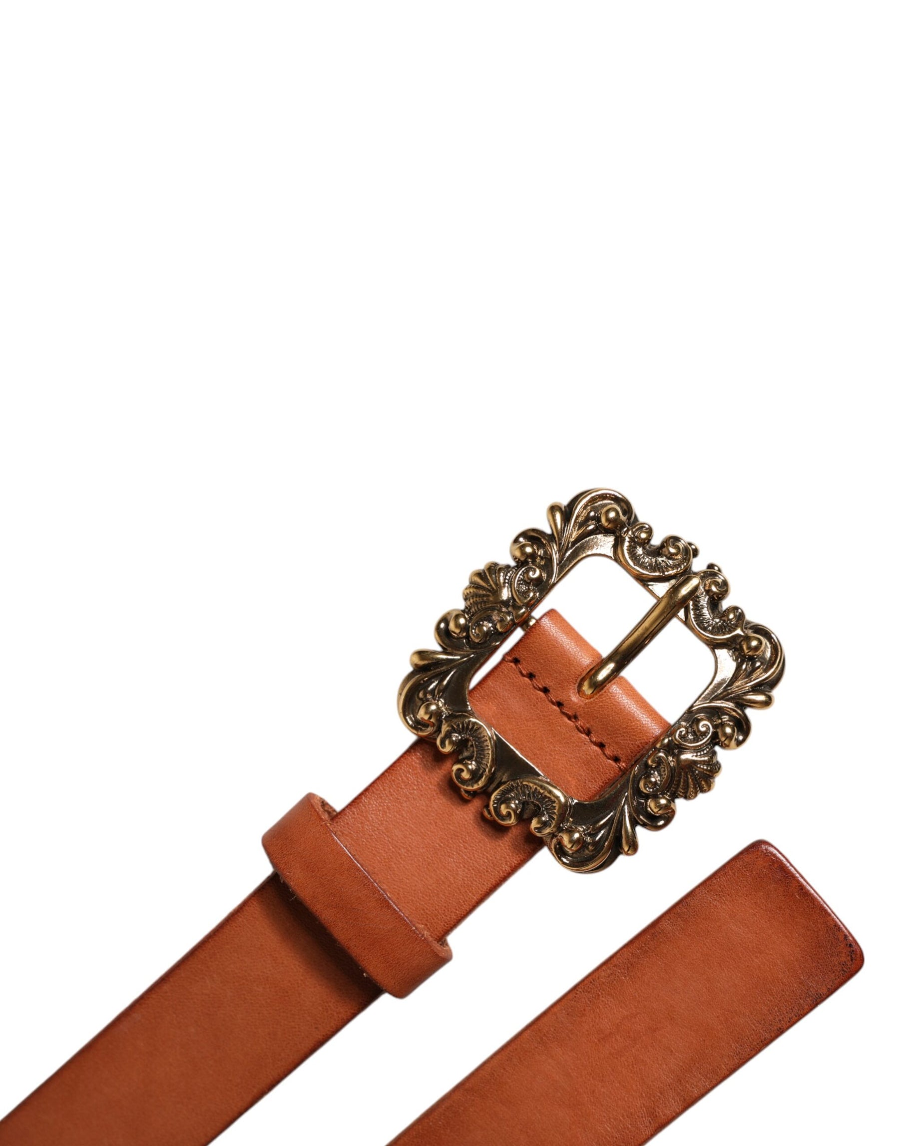 Dolce & Gabbana Brown Leather Gold Metal Baroque Buckle Belt | Regal Royce