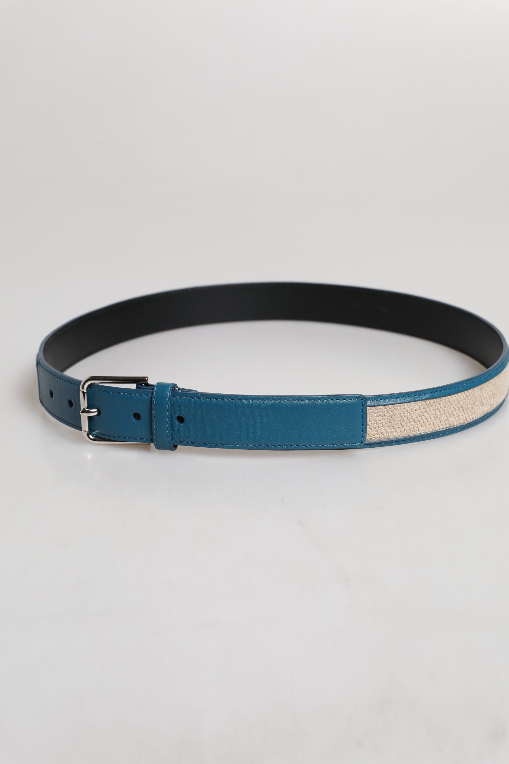 Dolce & Gabbana Blue Beige Leather Weaved Metal Buckle Belt | Regal Royce