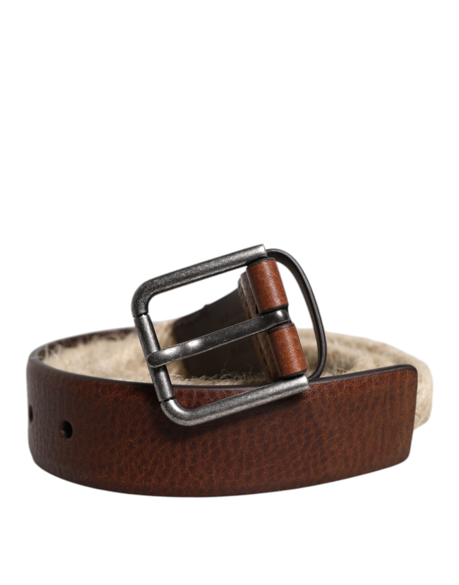 Dolce & Gabbana Brown Jute Leather Woven Metal Buckle Belt | Regal Royce