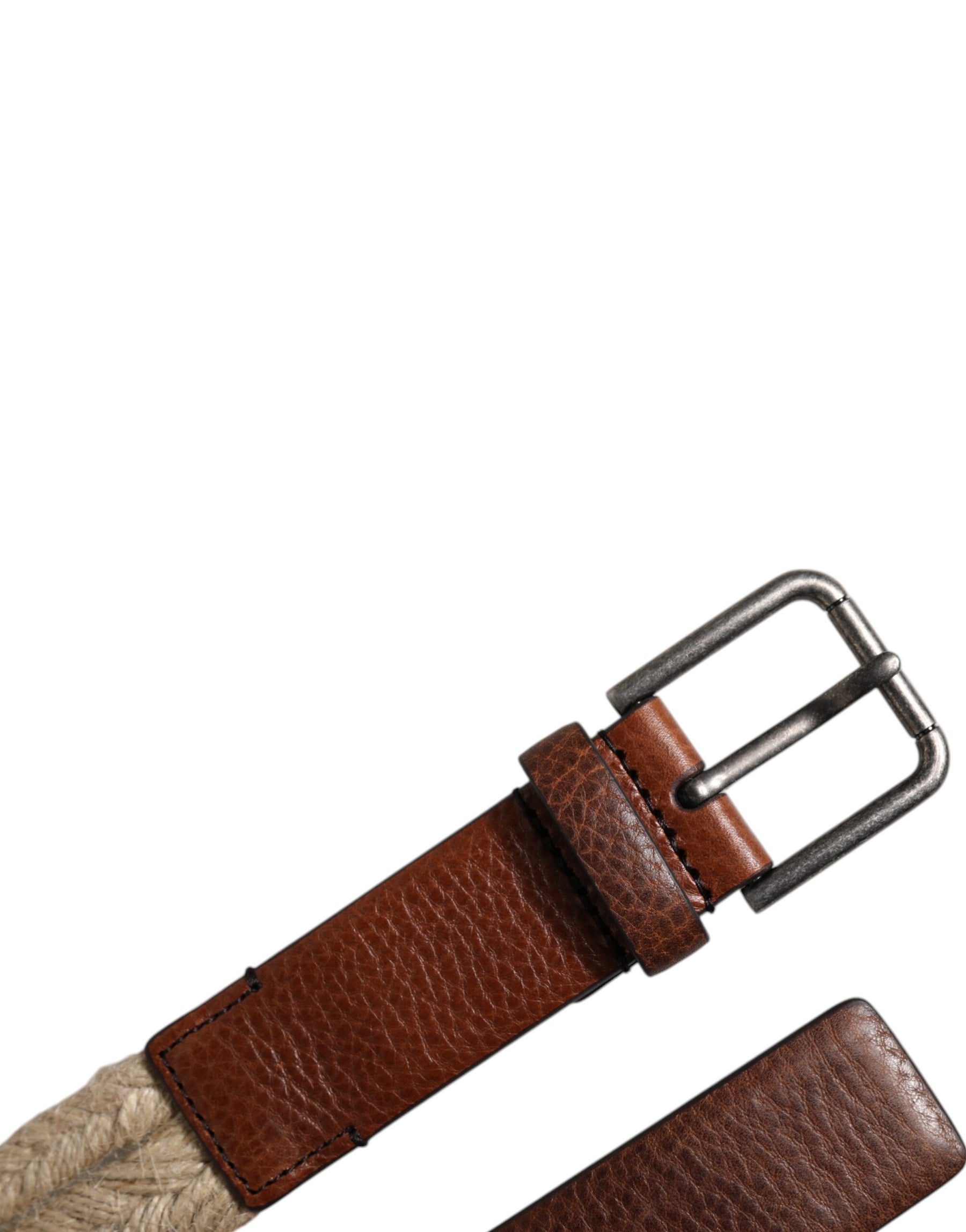 Dolce & Gabbana Brown Jute Leather Woven Metal Buckle Belt | Regal Royce