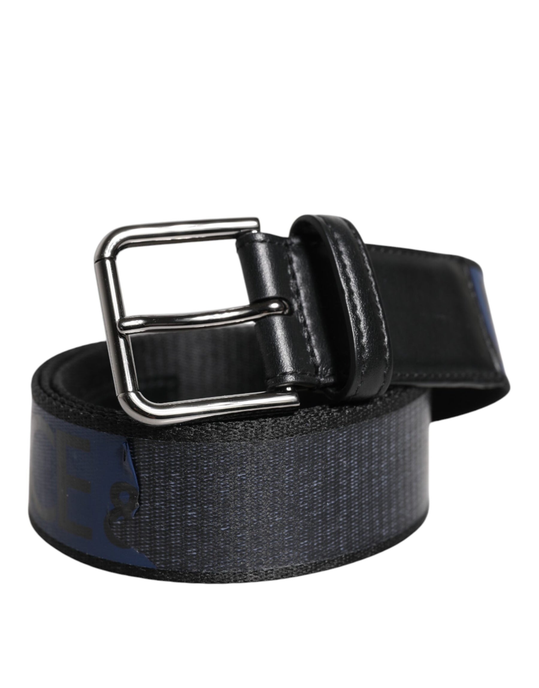 Dolce & Gabbana Black Blue Polyester Printed Metal Buckle Belt | Regal Royce
