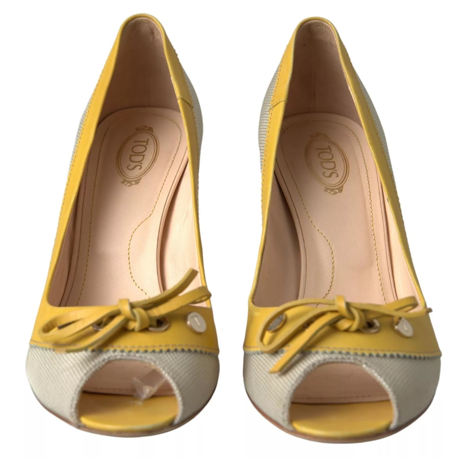 Tod's Yellow Off White Peep Toe Heels Pumps Shoes | Regal Royce