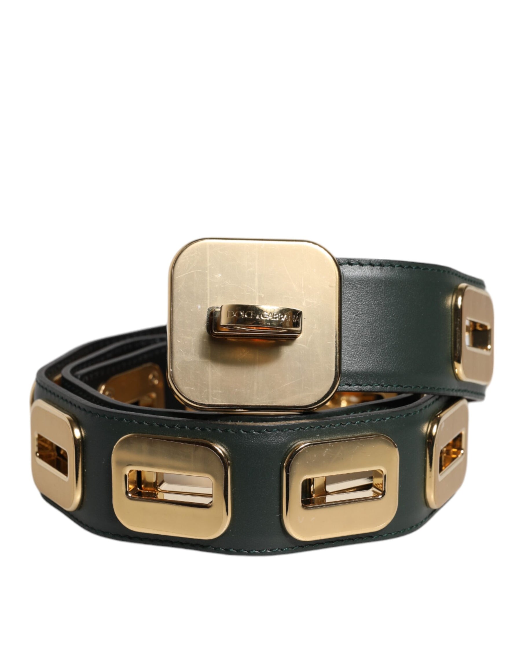 Dolce & Gabbana Green Leather Gold Tone Rotating Buckle Belt | Regal Royce