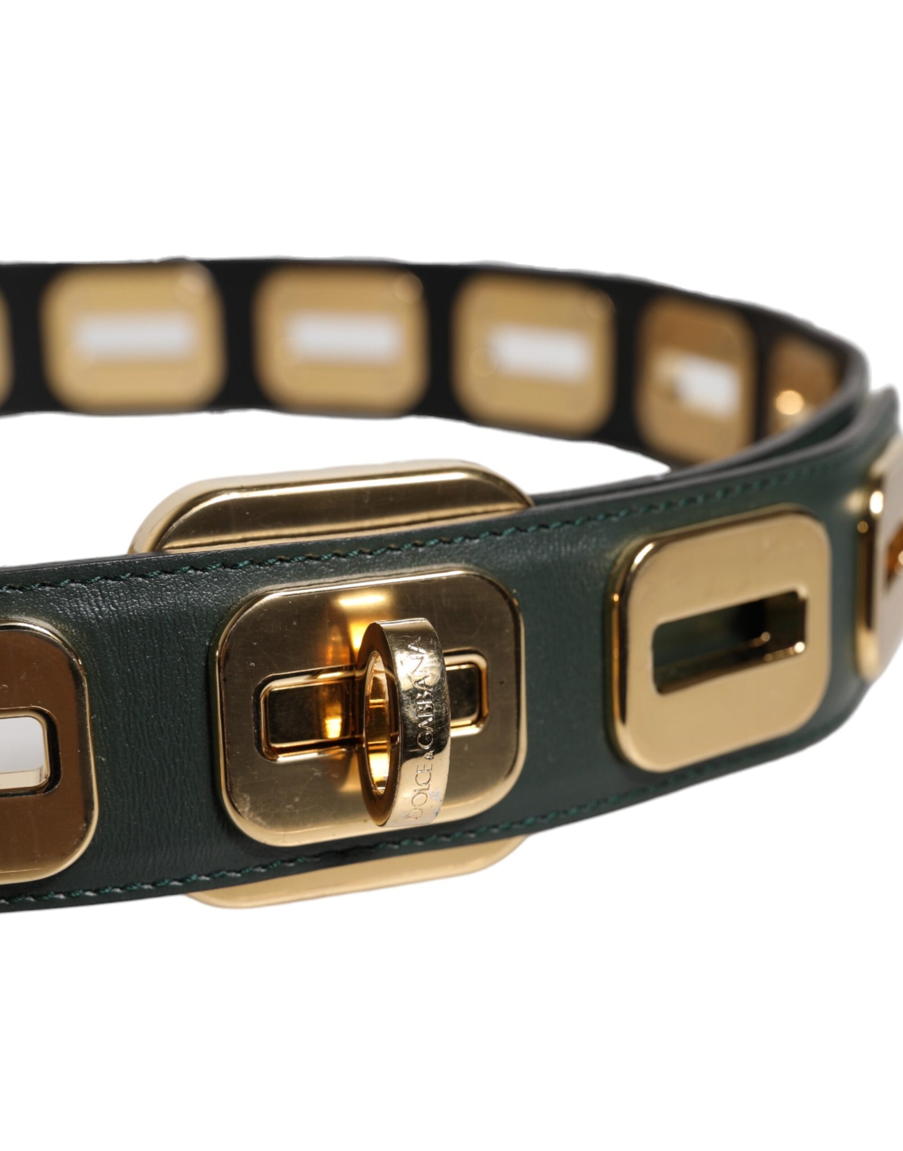 Dolce & Gabbana Green Leather Gold Tone Rotating Buckle Belt | Regal Royce