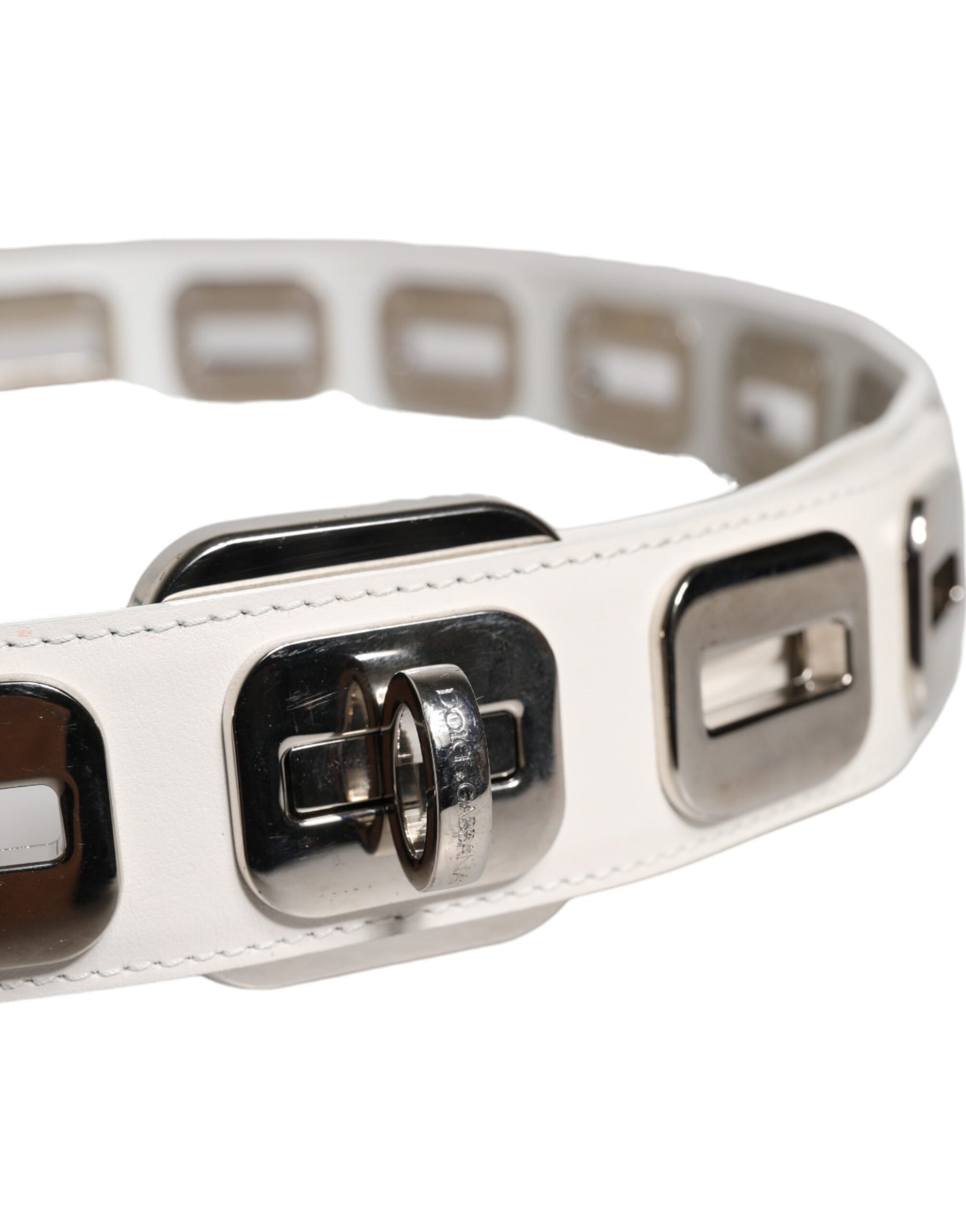 Dolce & Gabbana White Leather Gold Tone Rotating Buckle Belt | Regal Royce
